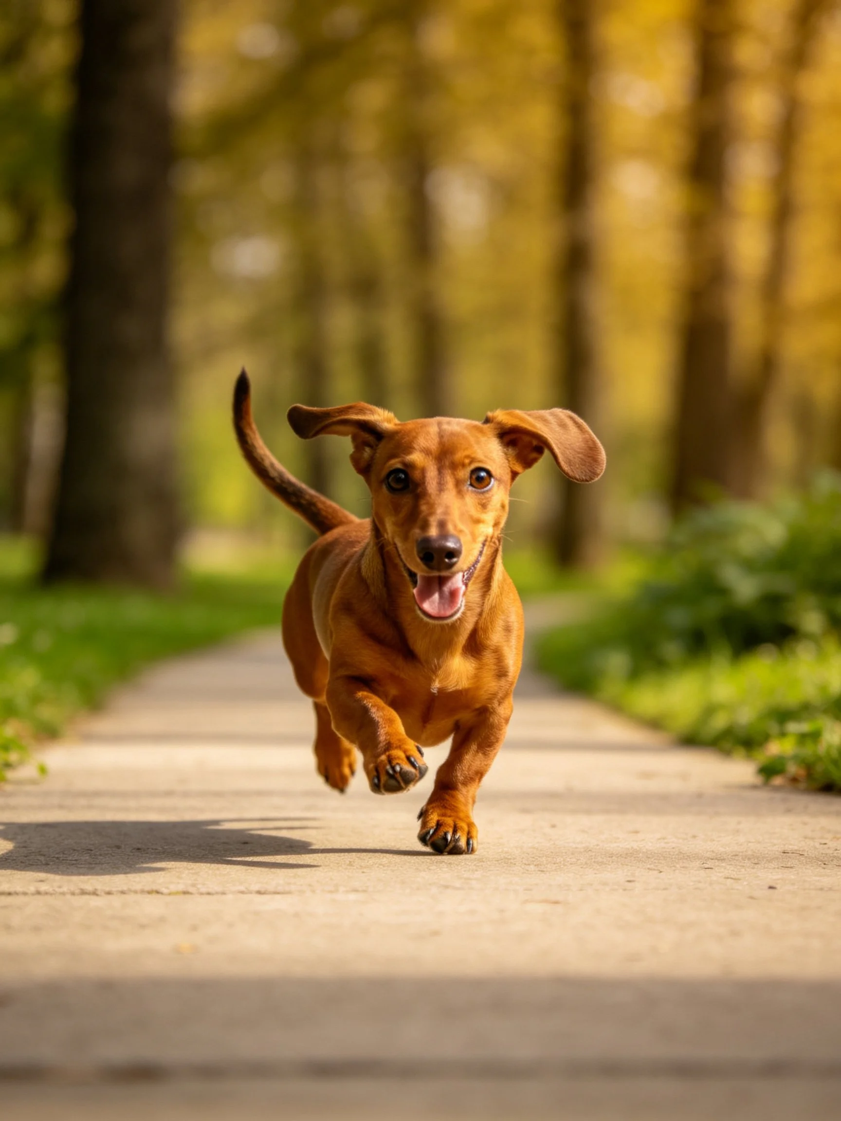 A brown dachshund joyfully runs along a sunlit park path