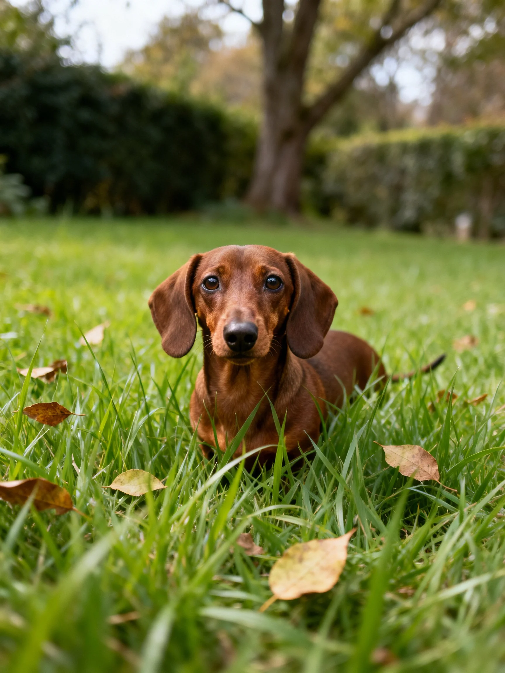 A brown dachshund rests amid lush green grass with scattered autumn leaves