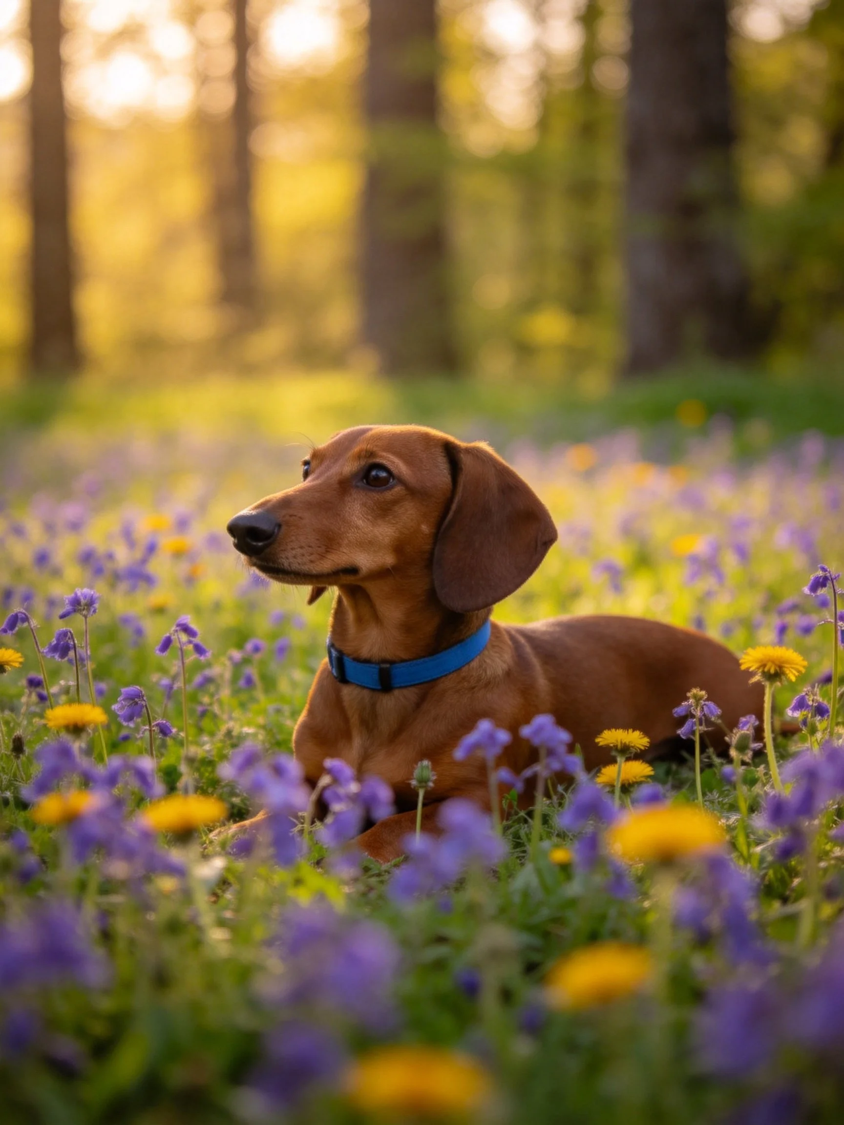 A brown dachshund rests among purple and yellow wildflowers in a sunlit forest