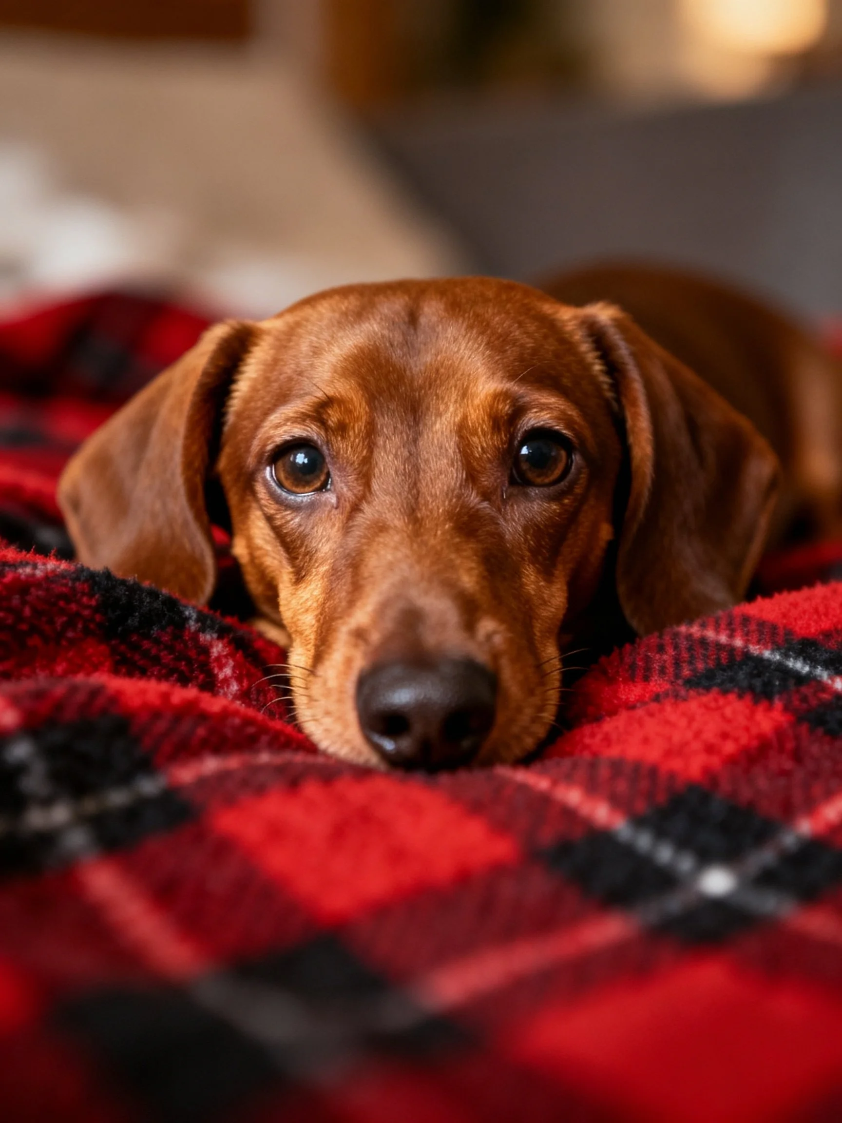 A brown dachshund rests on a red - and - black plaid blanket