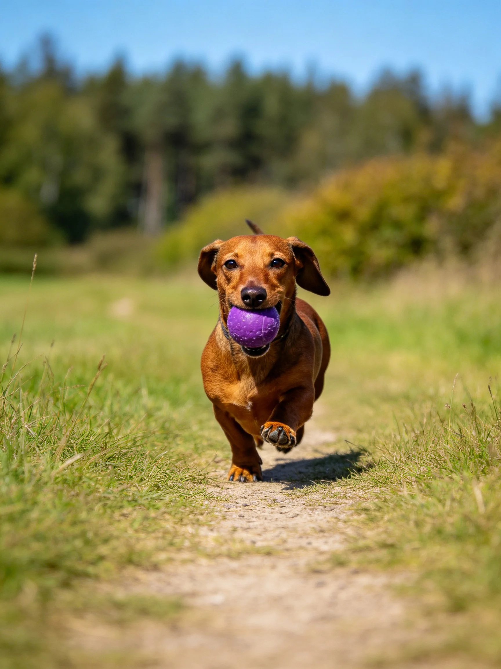 A brown dachshund running with a purple ball outdoors