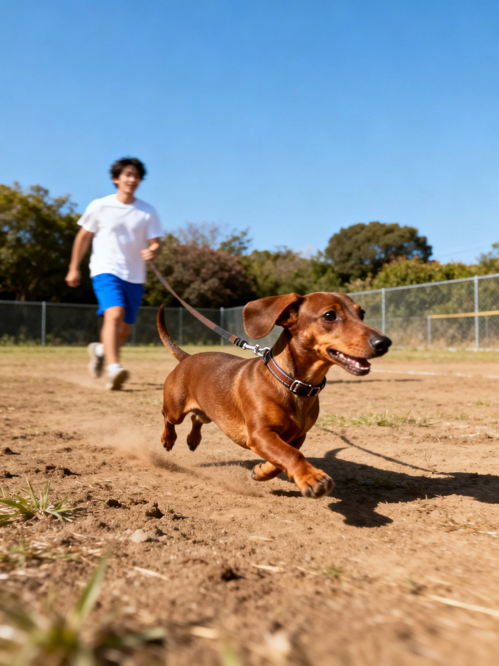 A person follows a brown dachshund running on an outdoor dirt path.