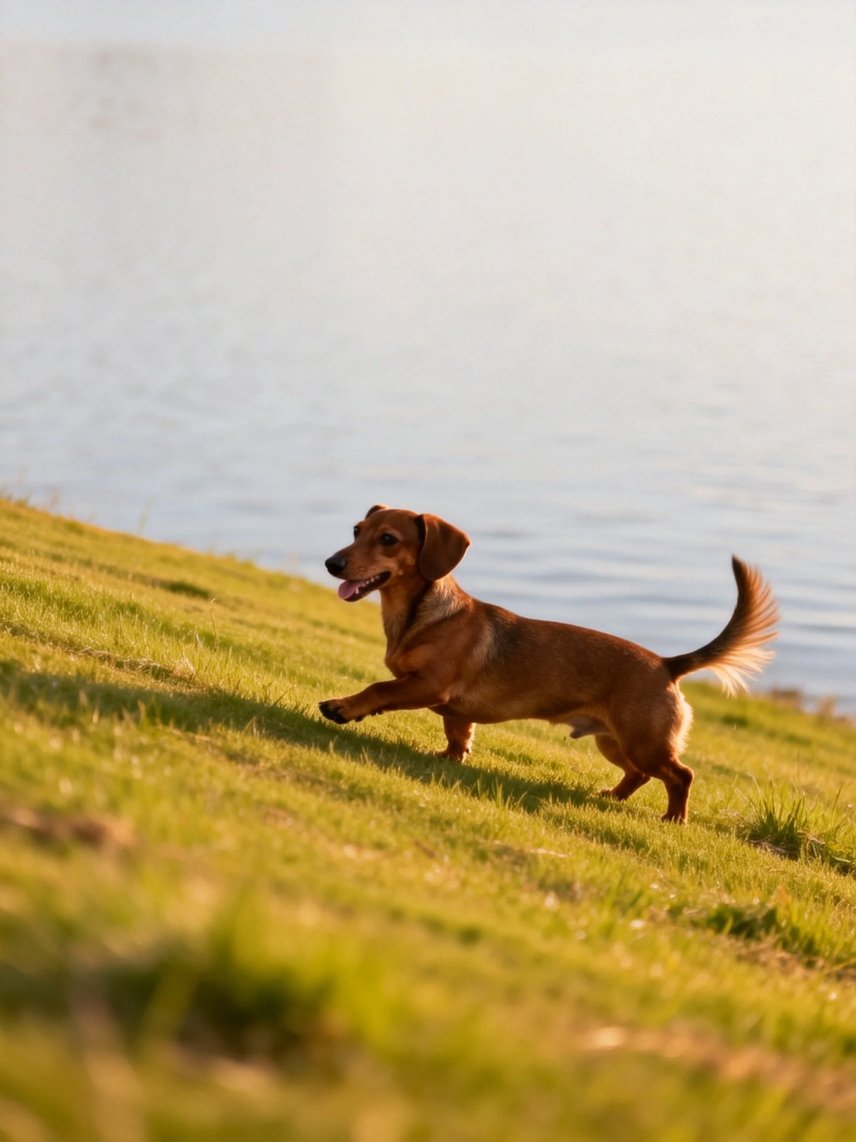 A brown dachshund runs on a grassy hillside near water