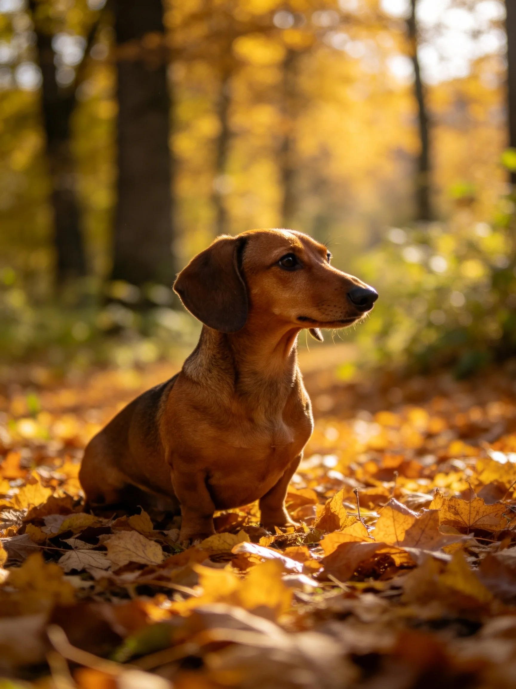 A brown dachshund sits among autumn leaves in a sunlit forest.