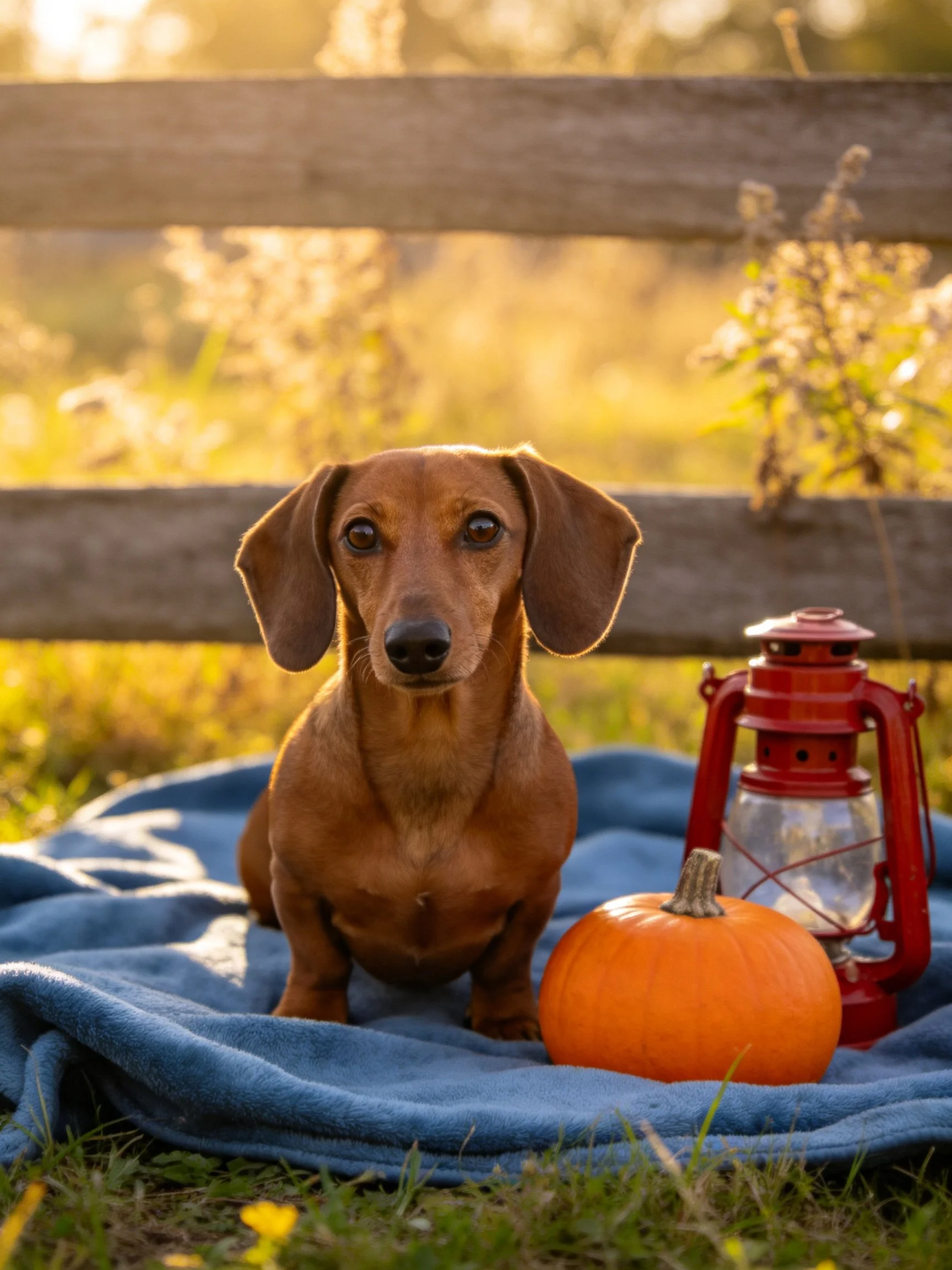 A brown dachshund sits near a pumpkin and lantern on a blue blanket outdoors.