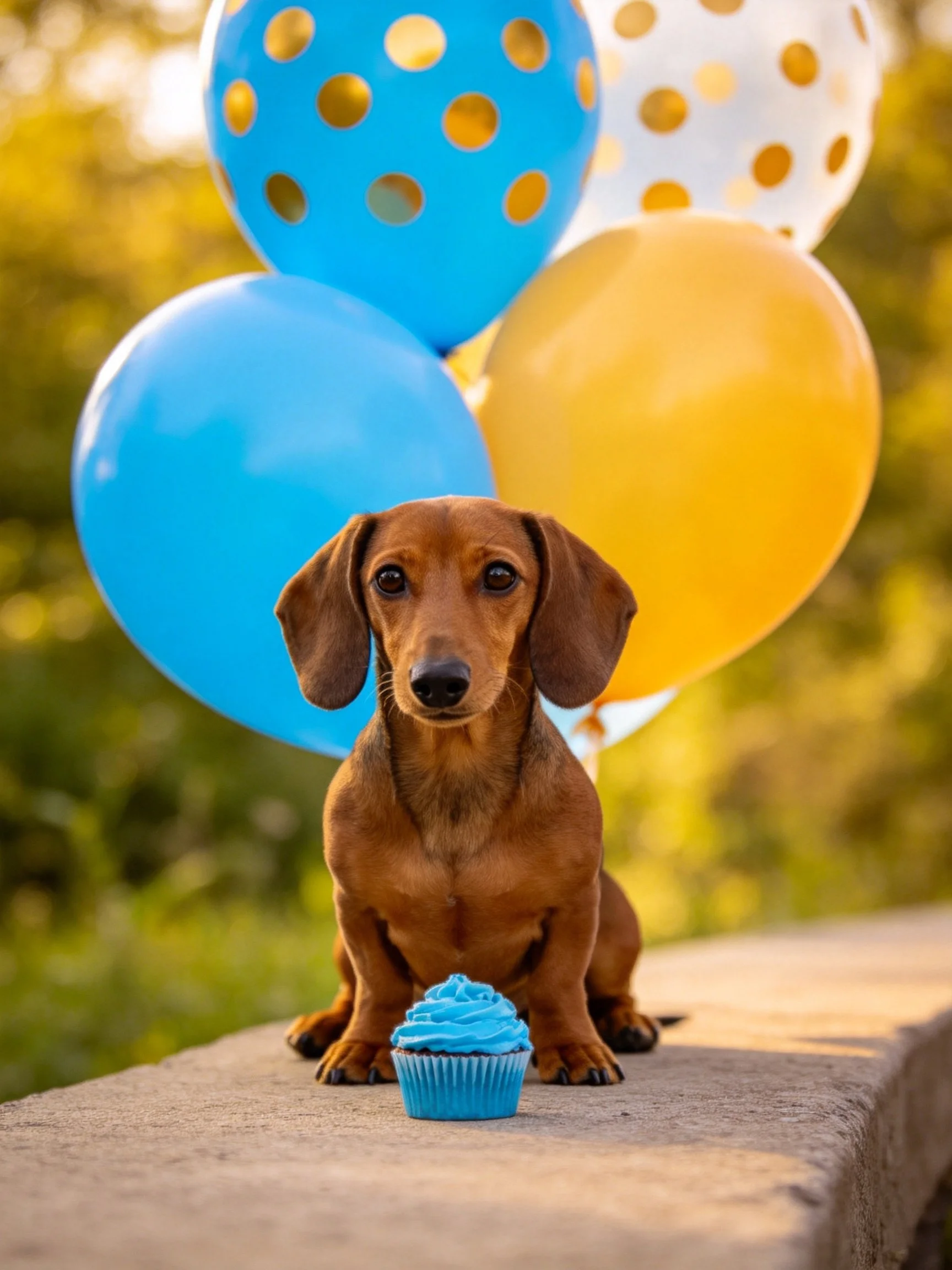 A brown dachshund sits near colorful balloons and a blue cupcake in an outdoor setting.