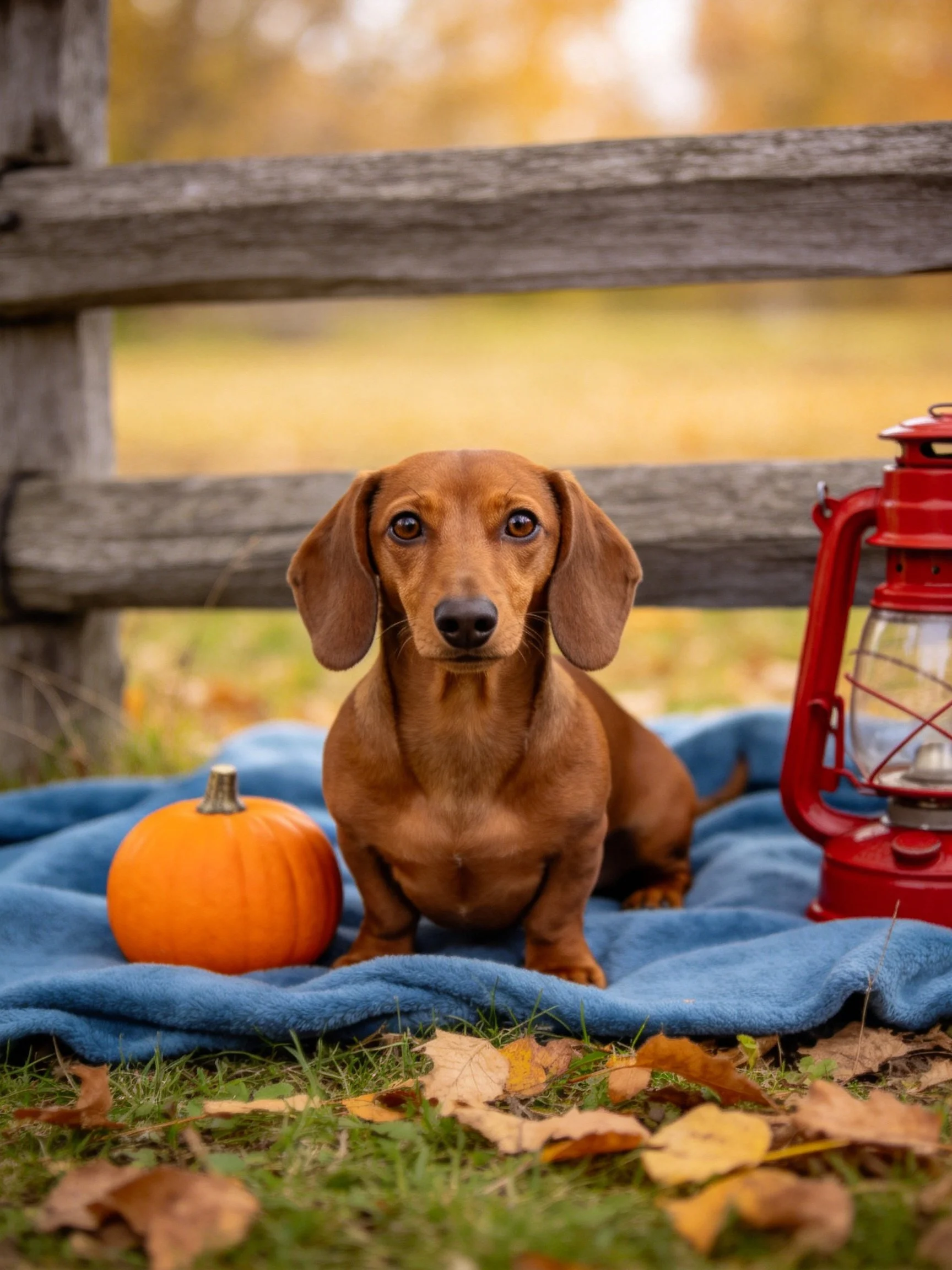 A brown dachshund sits on a blue blanket with pumpkin and red lantern