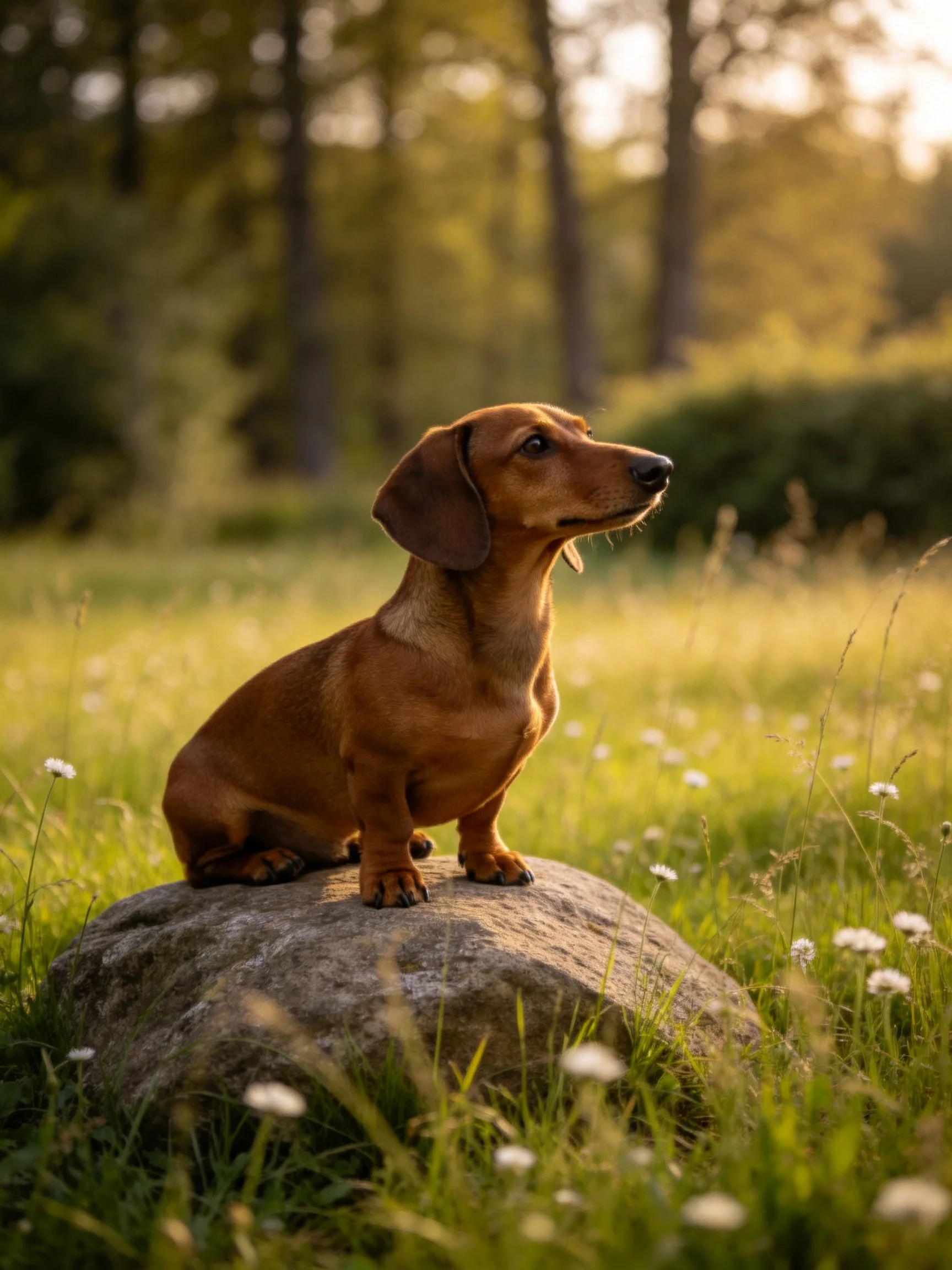 A brown dachshund sits on a rock in a sunlit meadow