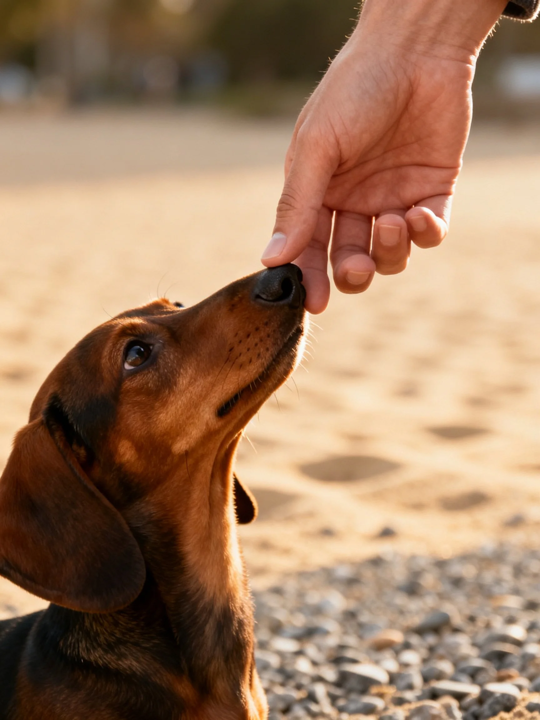 A brown dachshund snout touches a human finger on a sandy surface