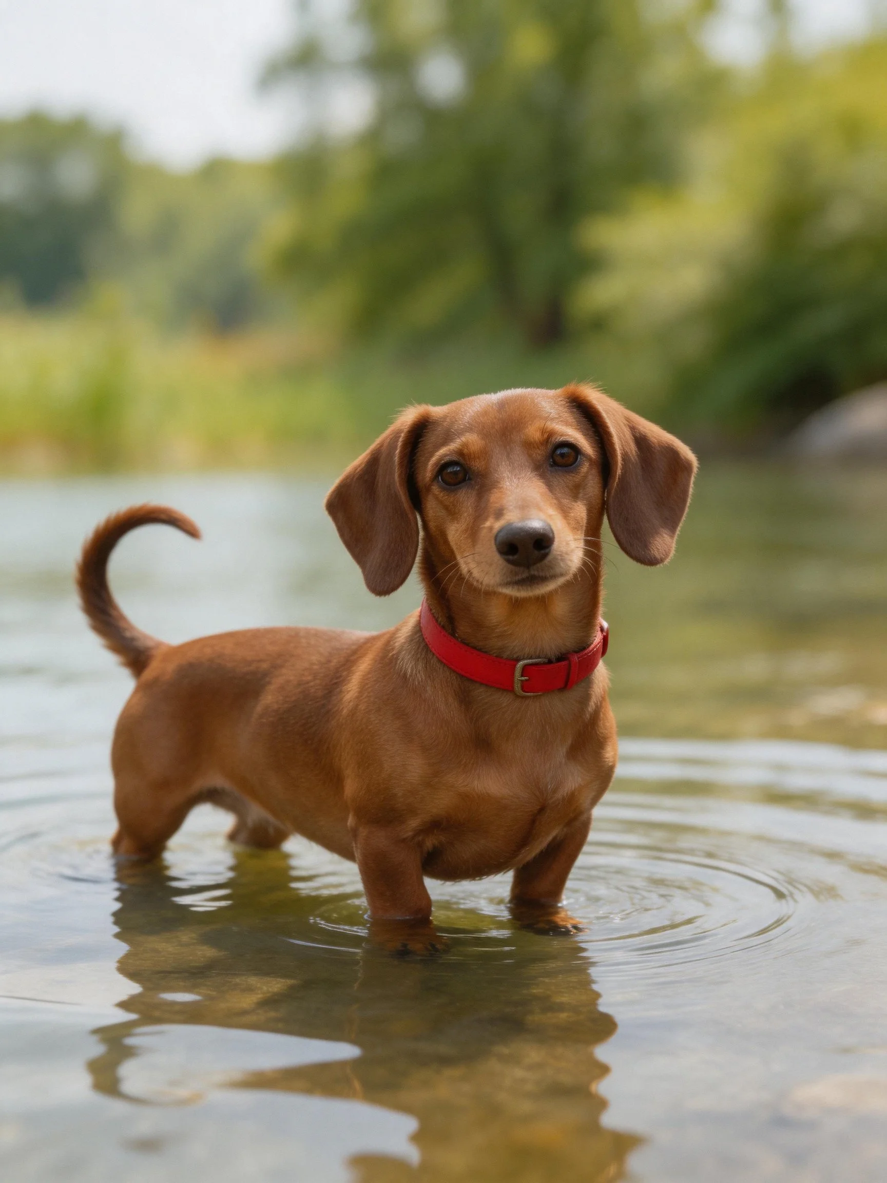 A brown dachshund stands in shallow water with a red collar