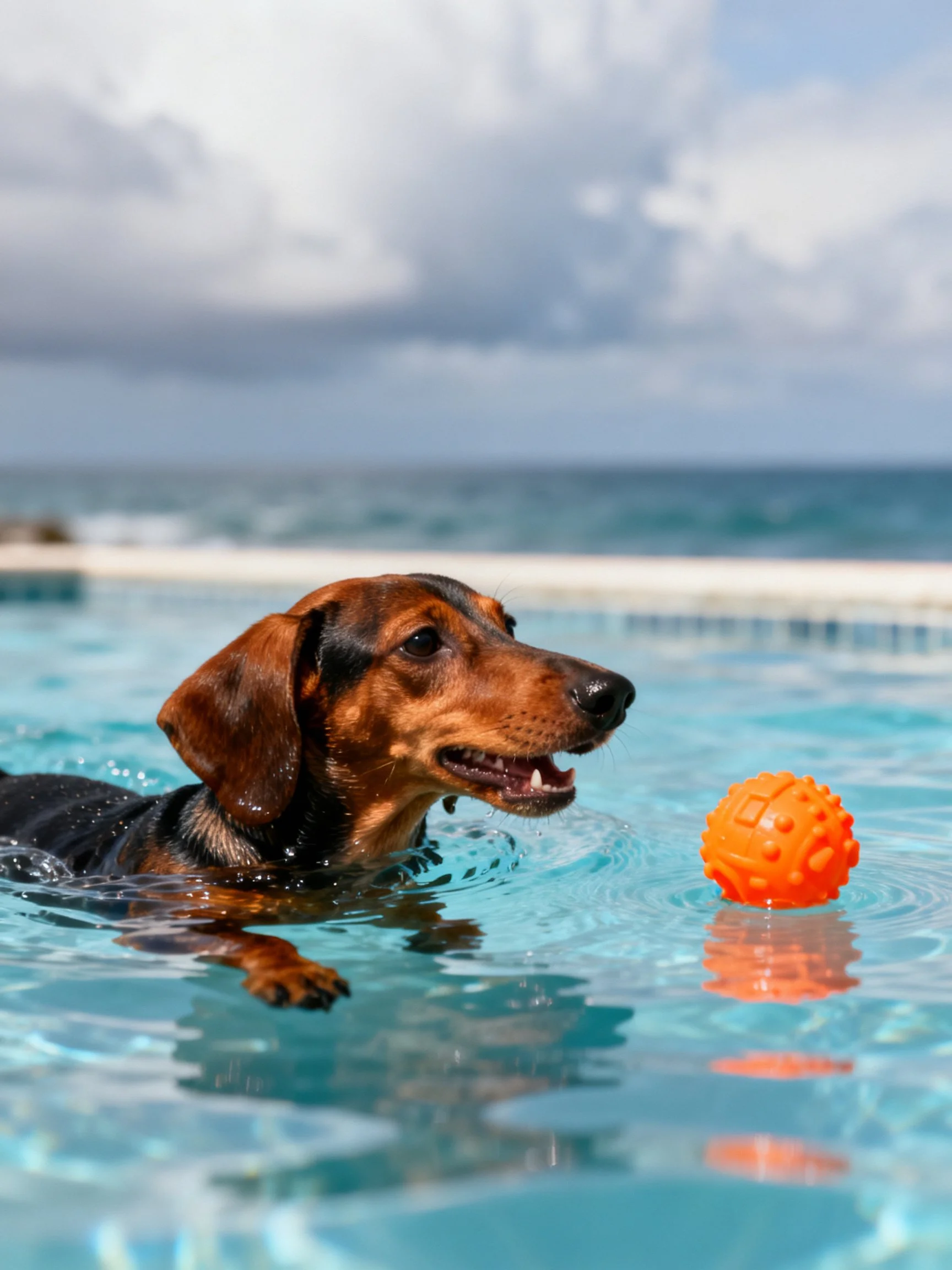 A brown dachshund swims toward an orange ball in a pool by the sea