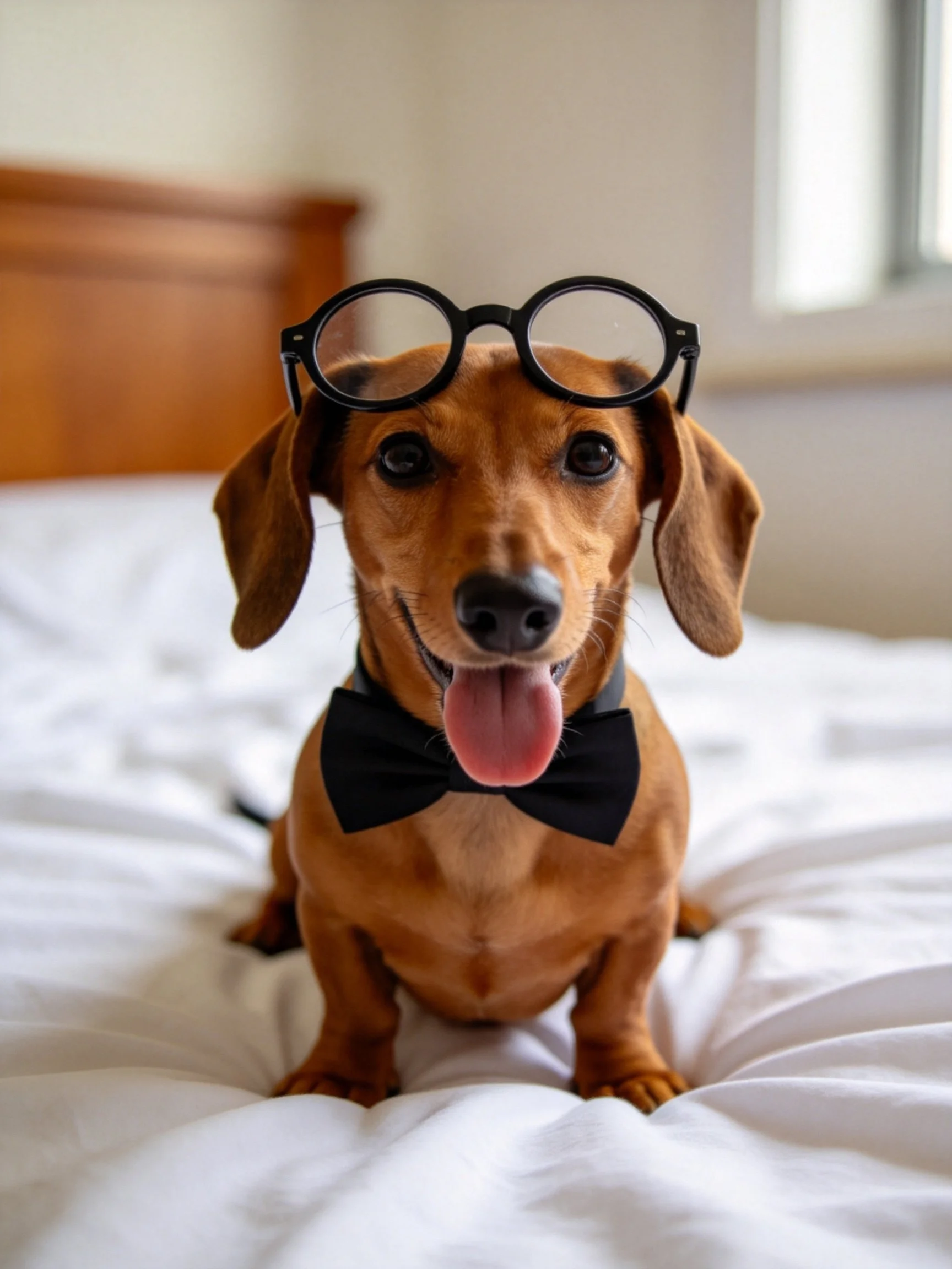 A brown dachshund wearing round black glasses and a bow tie on white bedding