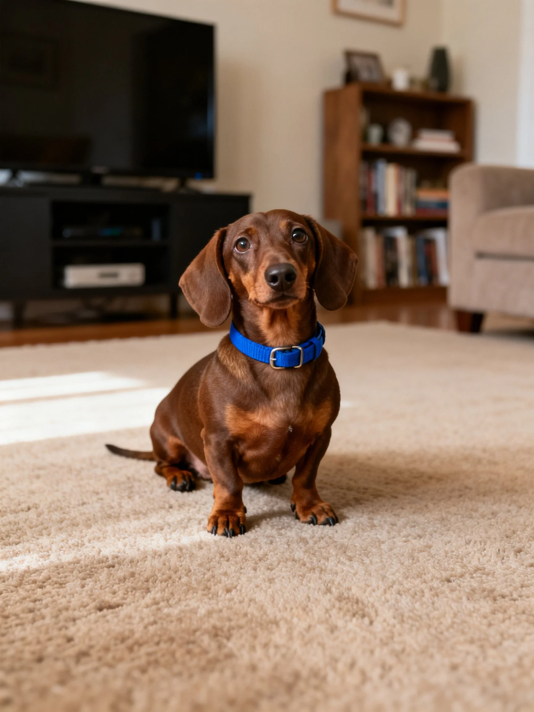 A brown dachshund with a bright blue collar sits on a beige carpet