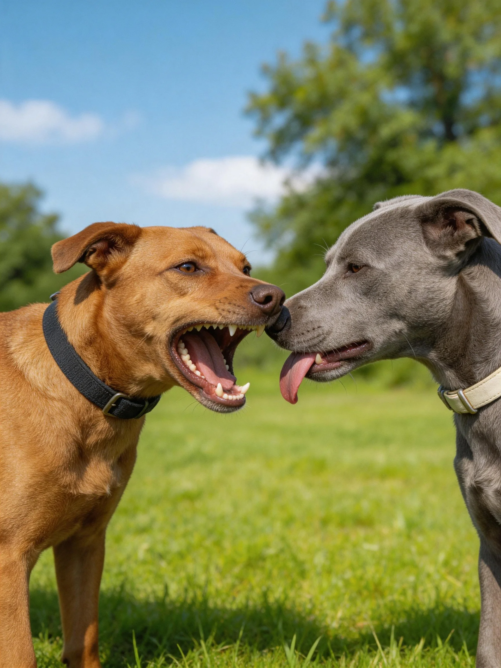 Two dogs engage in friendly behavior within a sunny outdoor landscape.