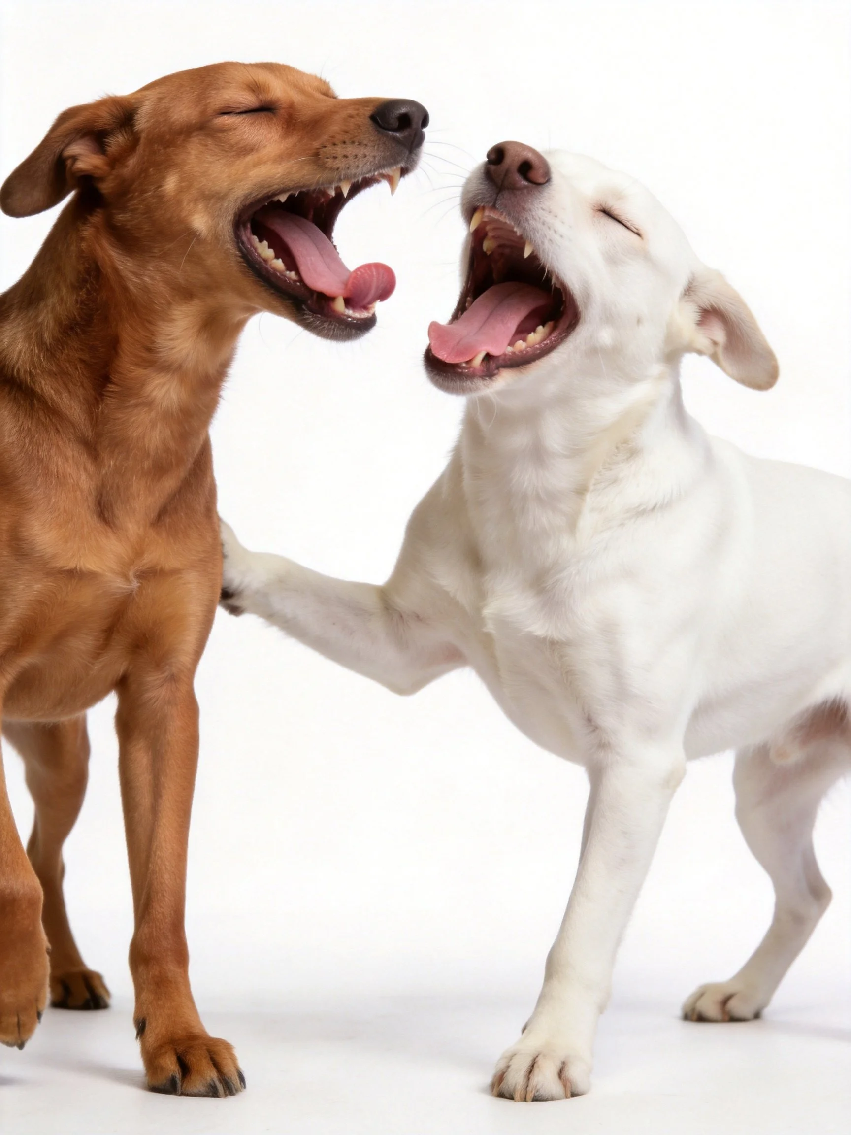 Two dogs of different colors yawn side by side in a bright setting.