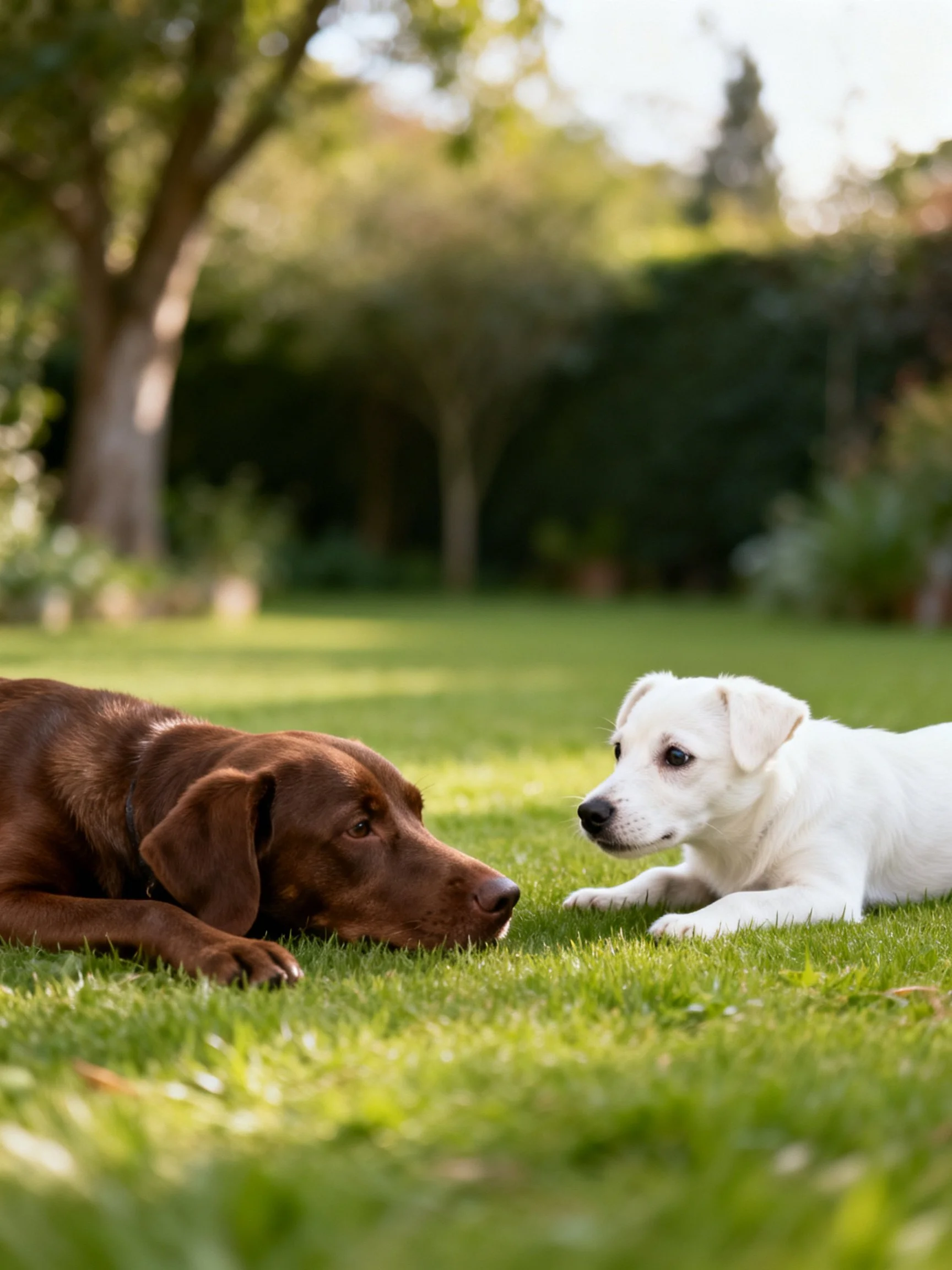 Two dogs, one brown and one white, lie face-to-face on grass in a sunlit garden.