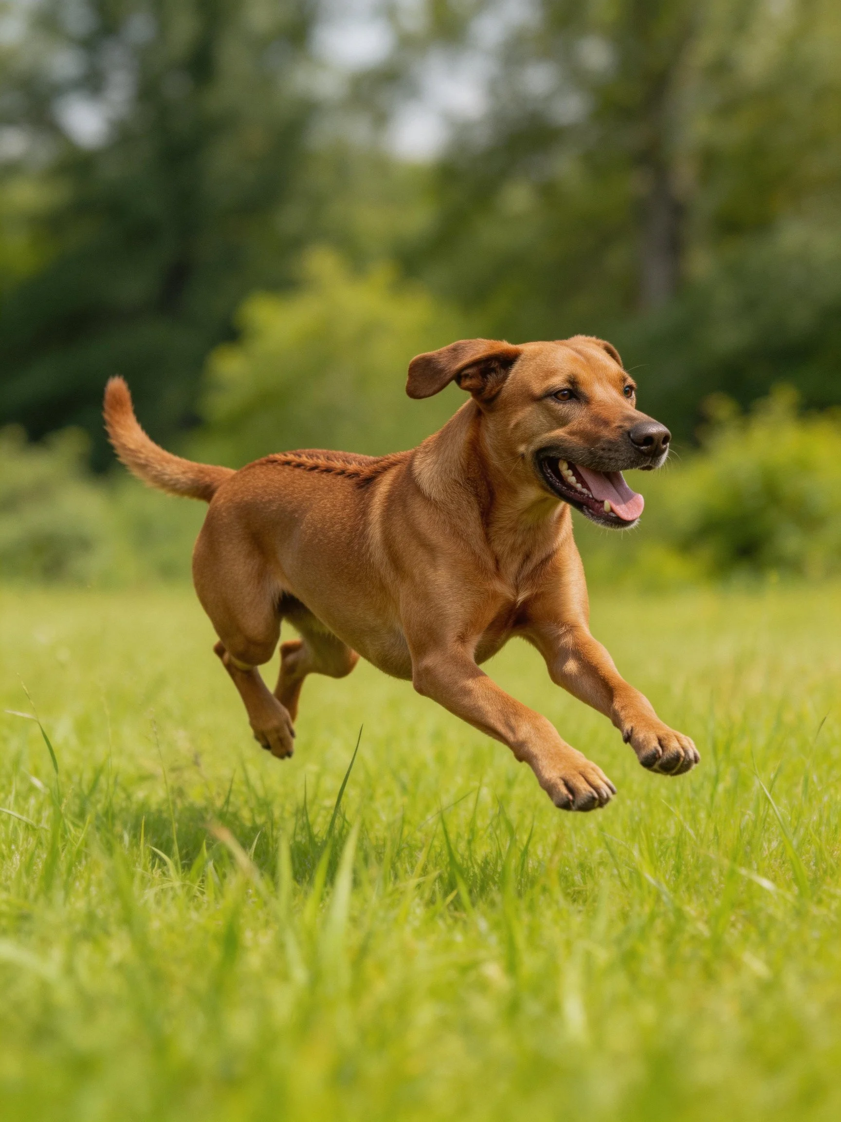A brown dog bounds through a vibrant green meadow
