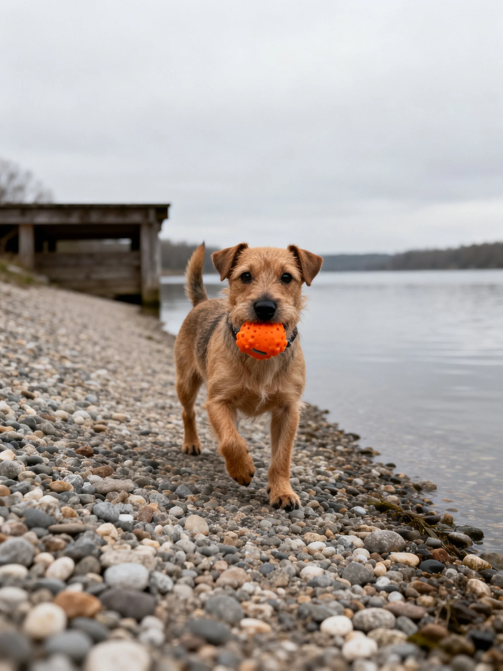A brown dog carries an orange ball along a pebbly lakeshore