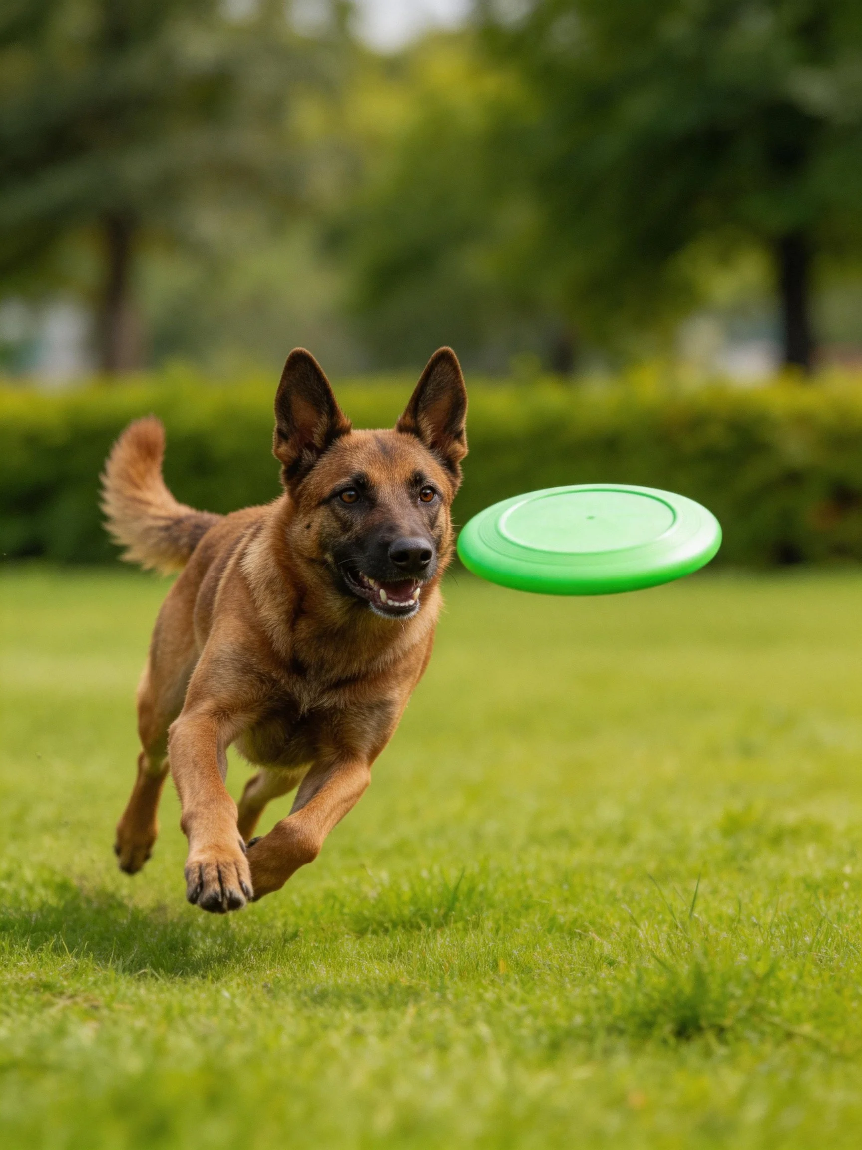A brown dog runs toward a bright green frisbee in a grassy outdoor area.