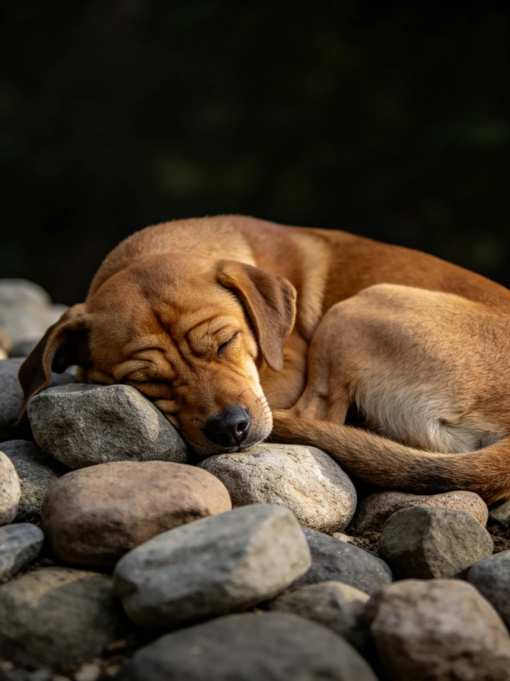 A brown dog curled up asleep on smooth gray stones
