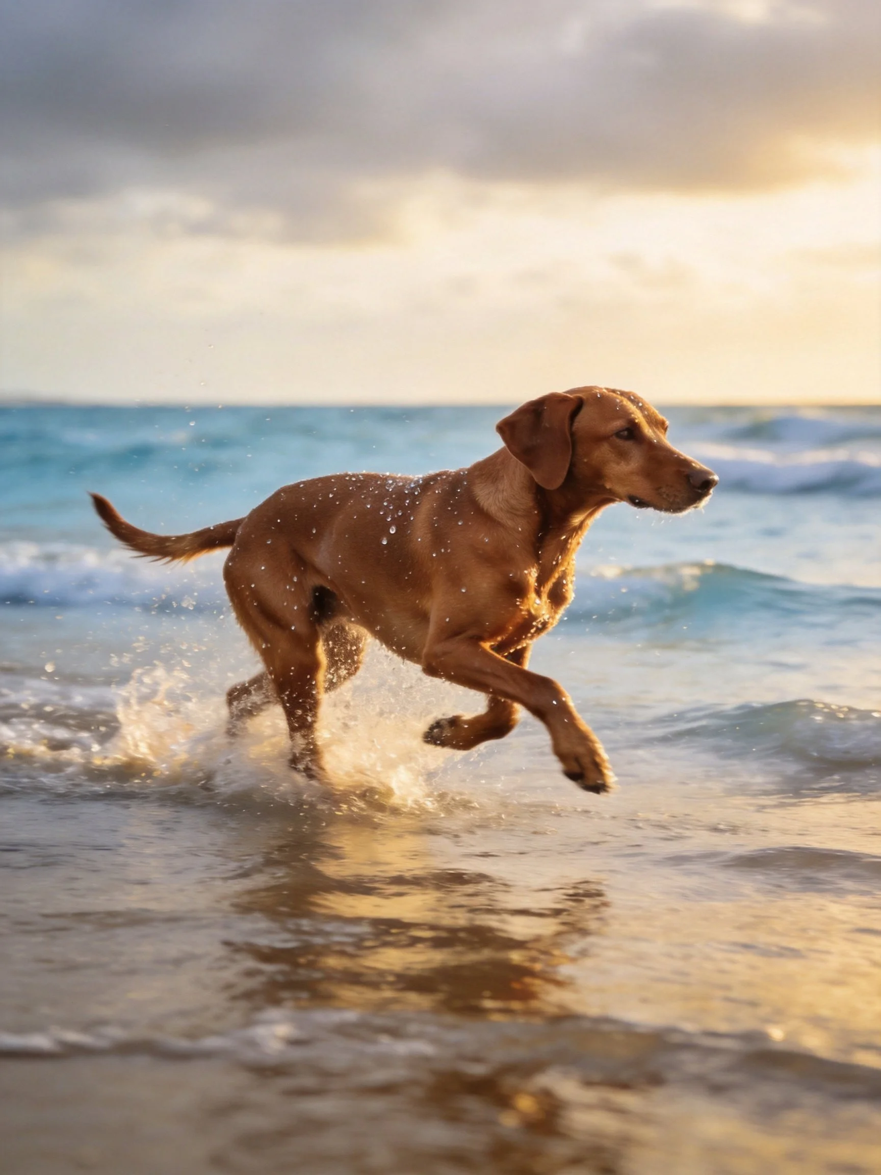 A brown dog dashes through shallow ocean waves at sunset