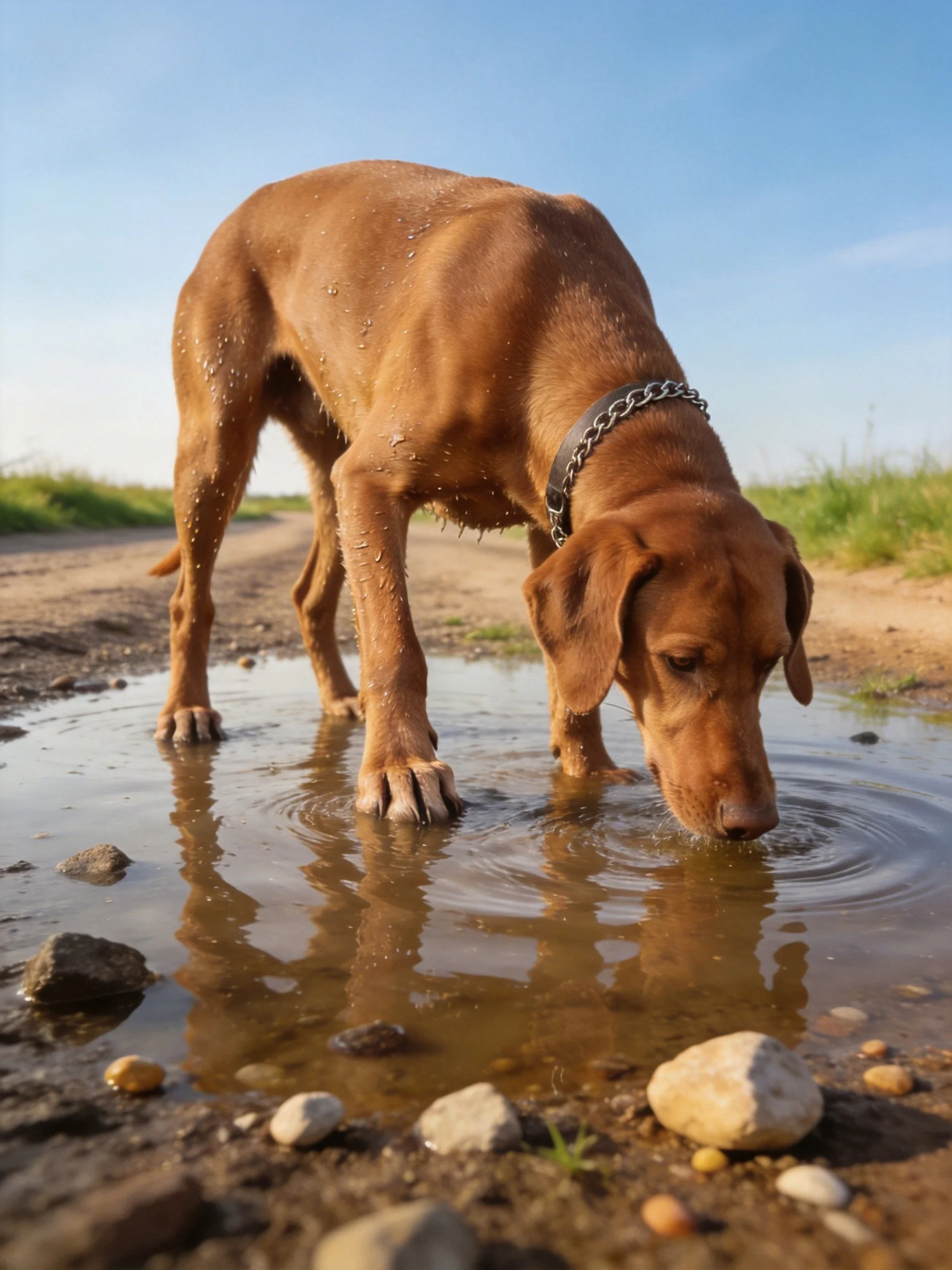 A brown dog drinks from a muddy puddle on a dirt road