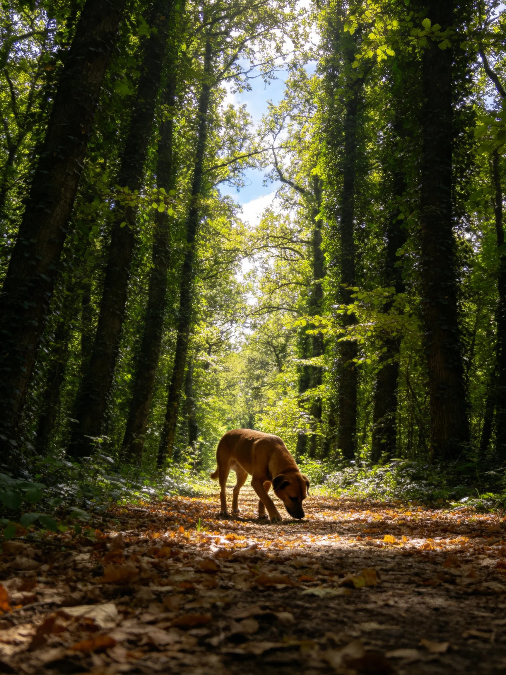 A brown dog explores a sun-dappled forest trail
