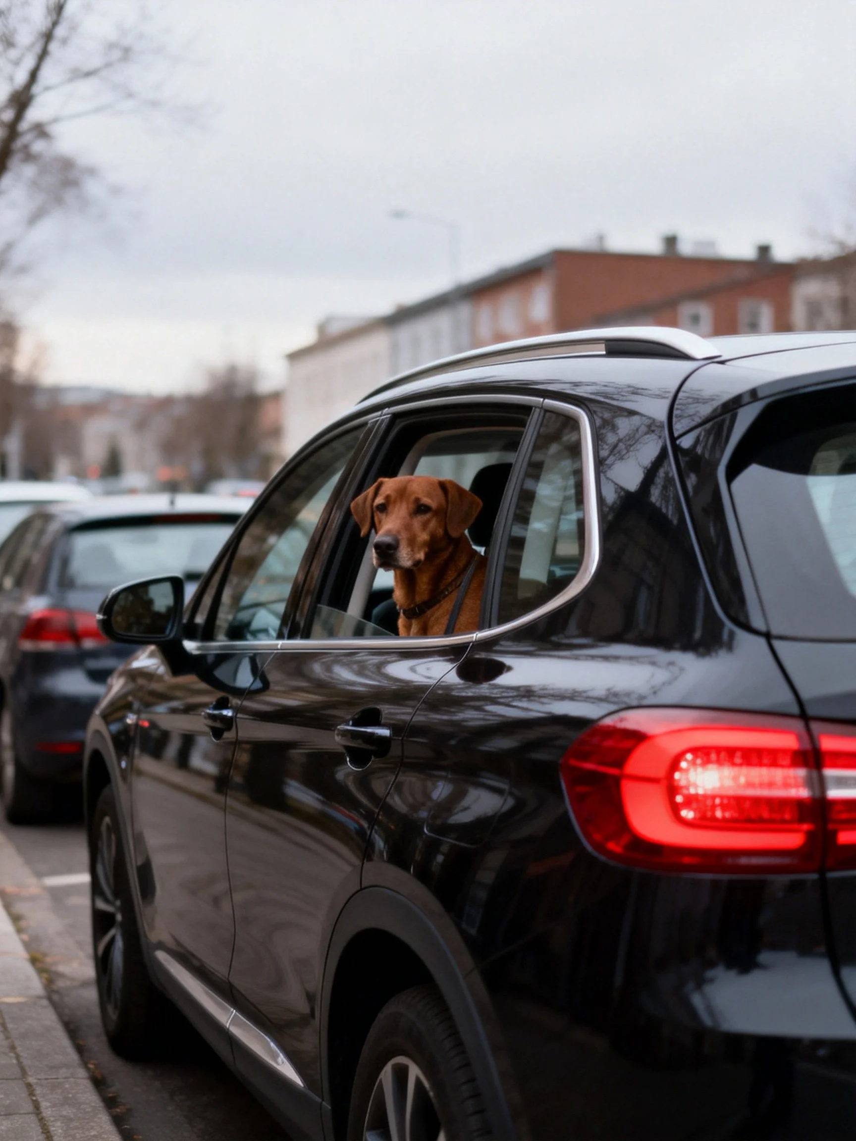 A brown dog gazes out of a black SUVs open window