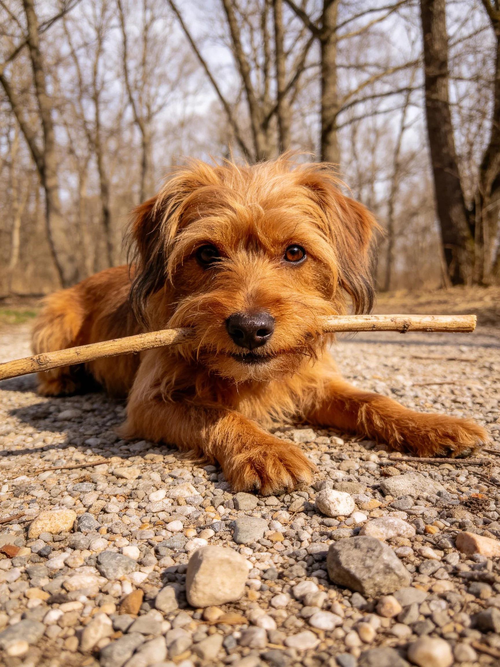 A brown dog rests on gravel carrying a stick in a wooded area