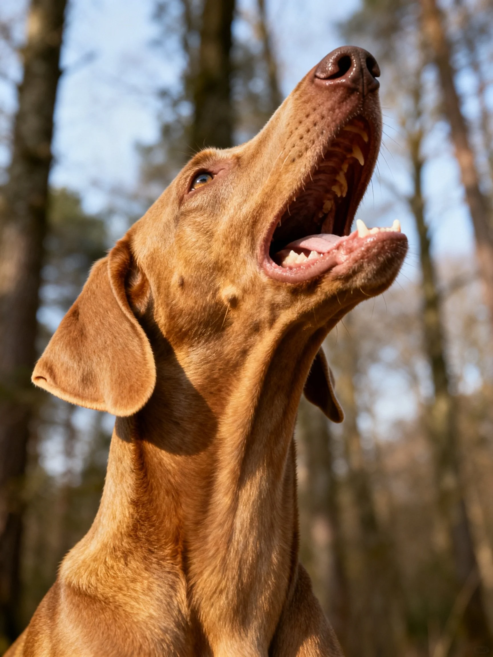 A brown dog howling outdoors among tall trees