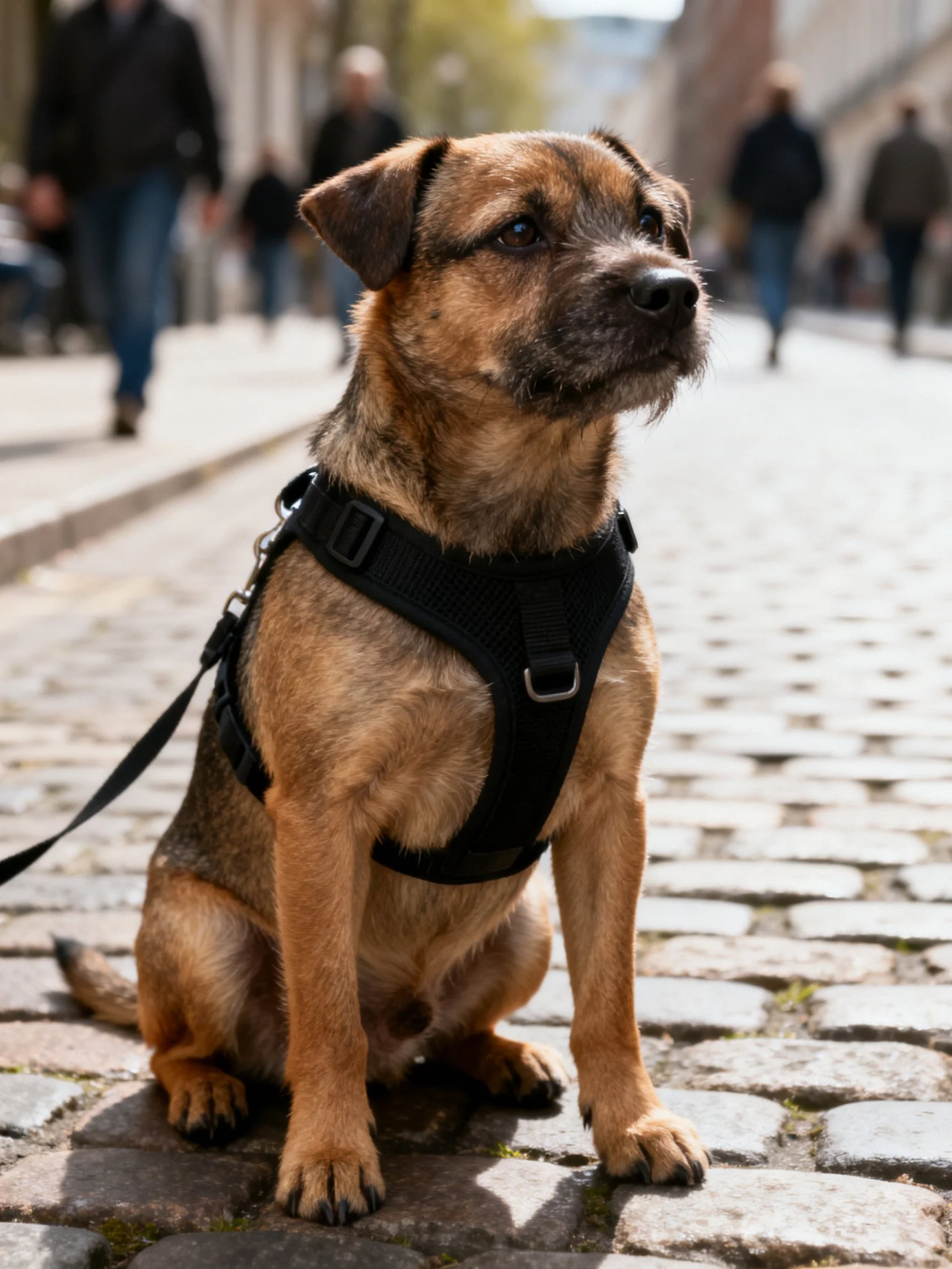 A brown dog with a black harness sits on cobblestone pavement with pedestrians.