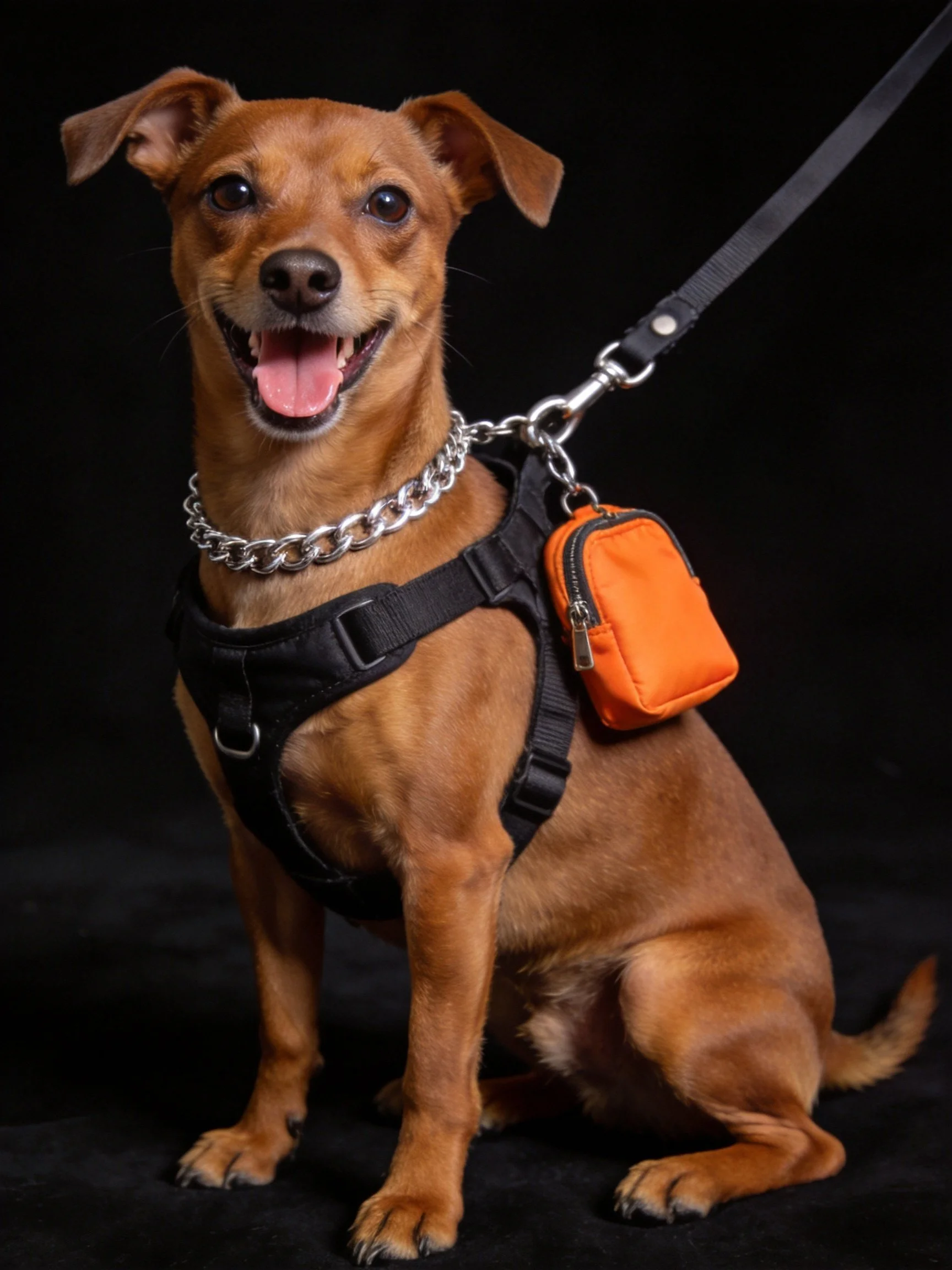 A brown dog sits calmly wearing a harness, chain, and orange pouch.