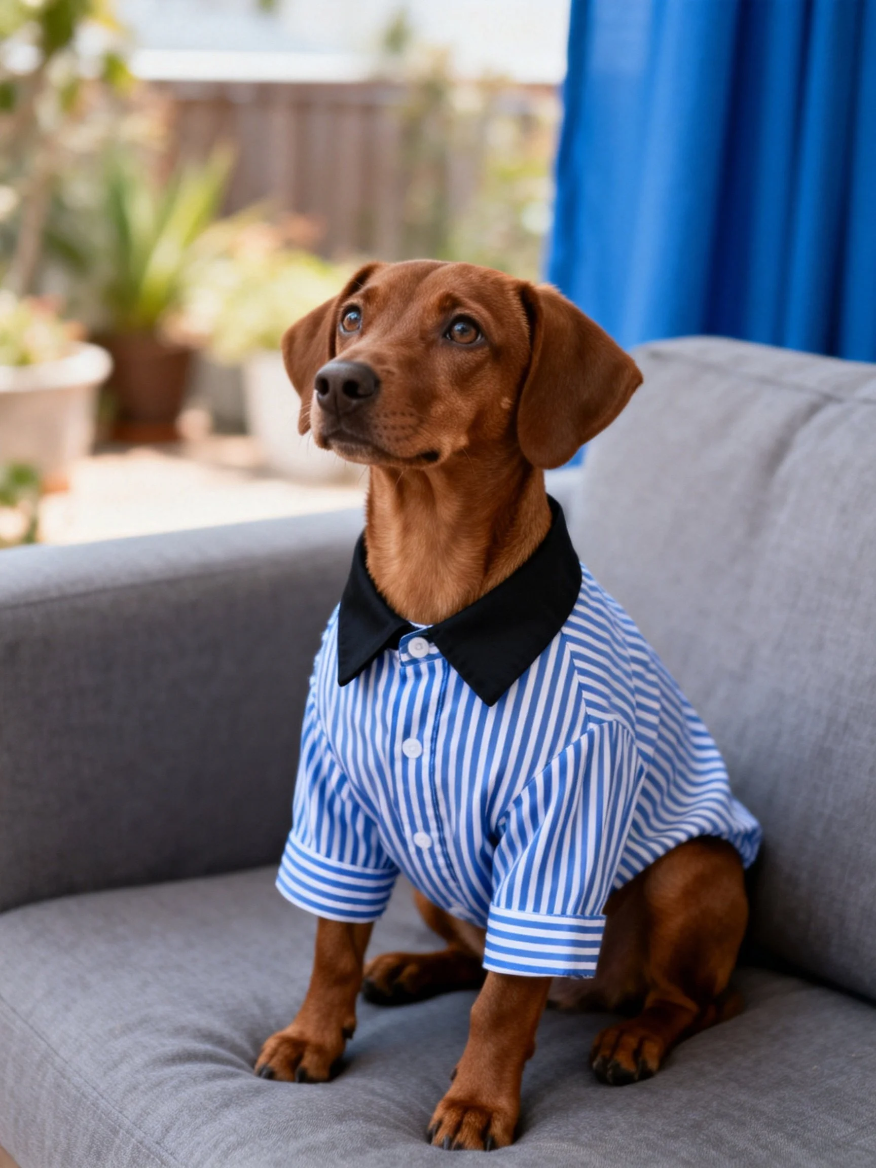 A brown dog in a blue and white striped shirt sits on a gray couch