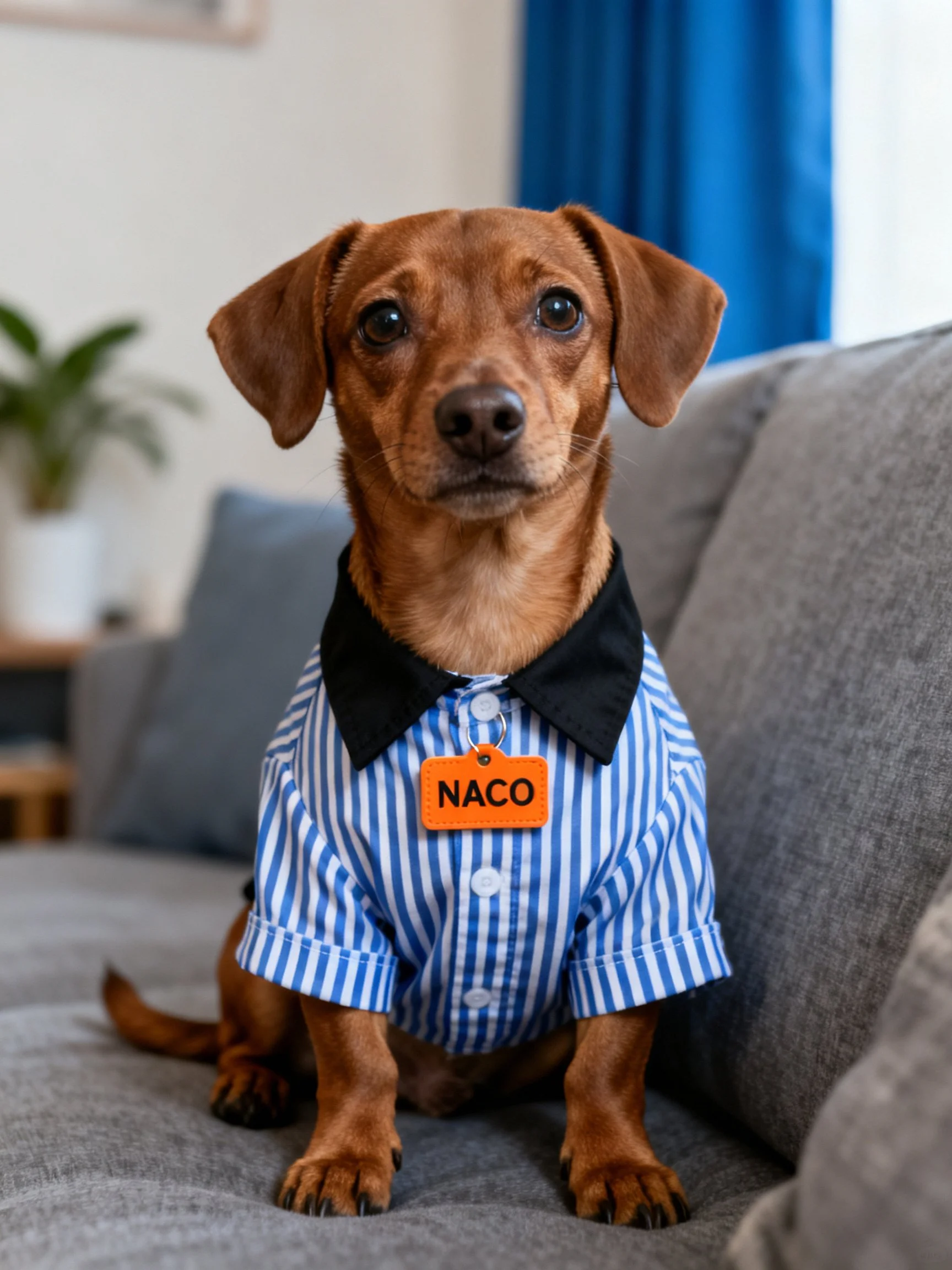 A brown dog in a blue striped shirt sits on a gray couch