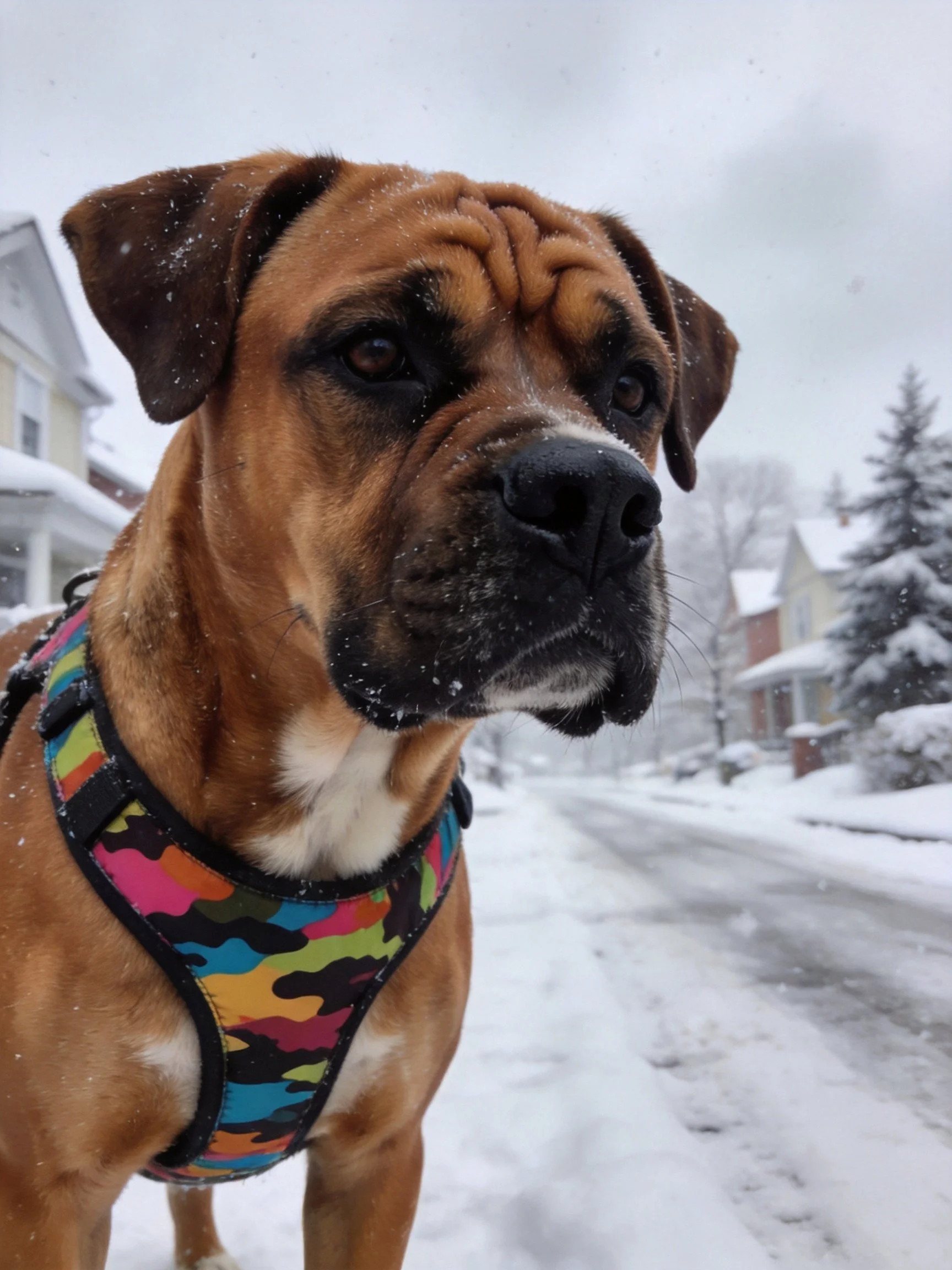 A brown dog in a colorful harness on a snowy residential street