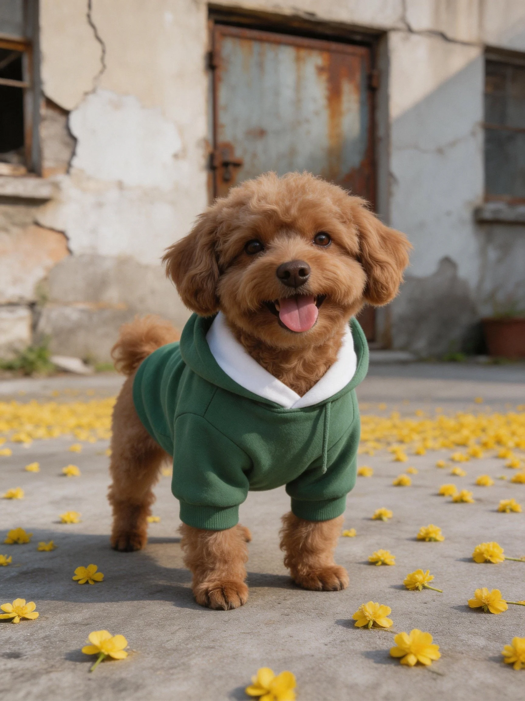 A brown dog in a green hoodie stands among scattered yellow flowers