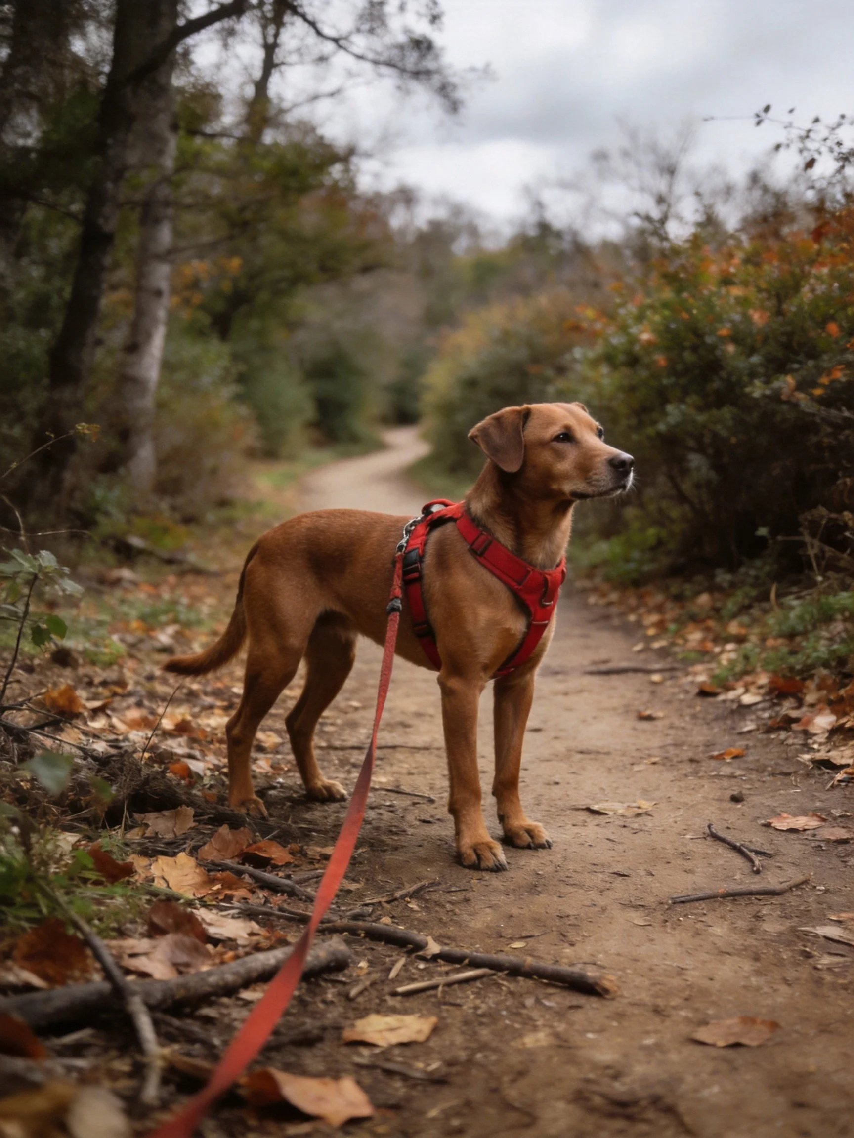 A brown dog in a red harness on an autumn forest path