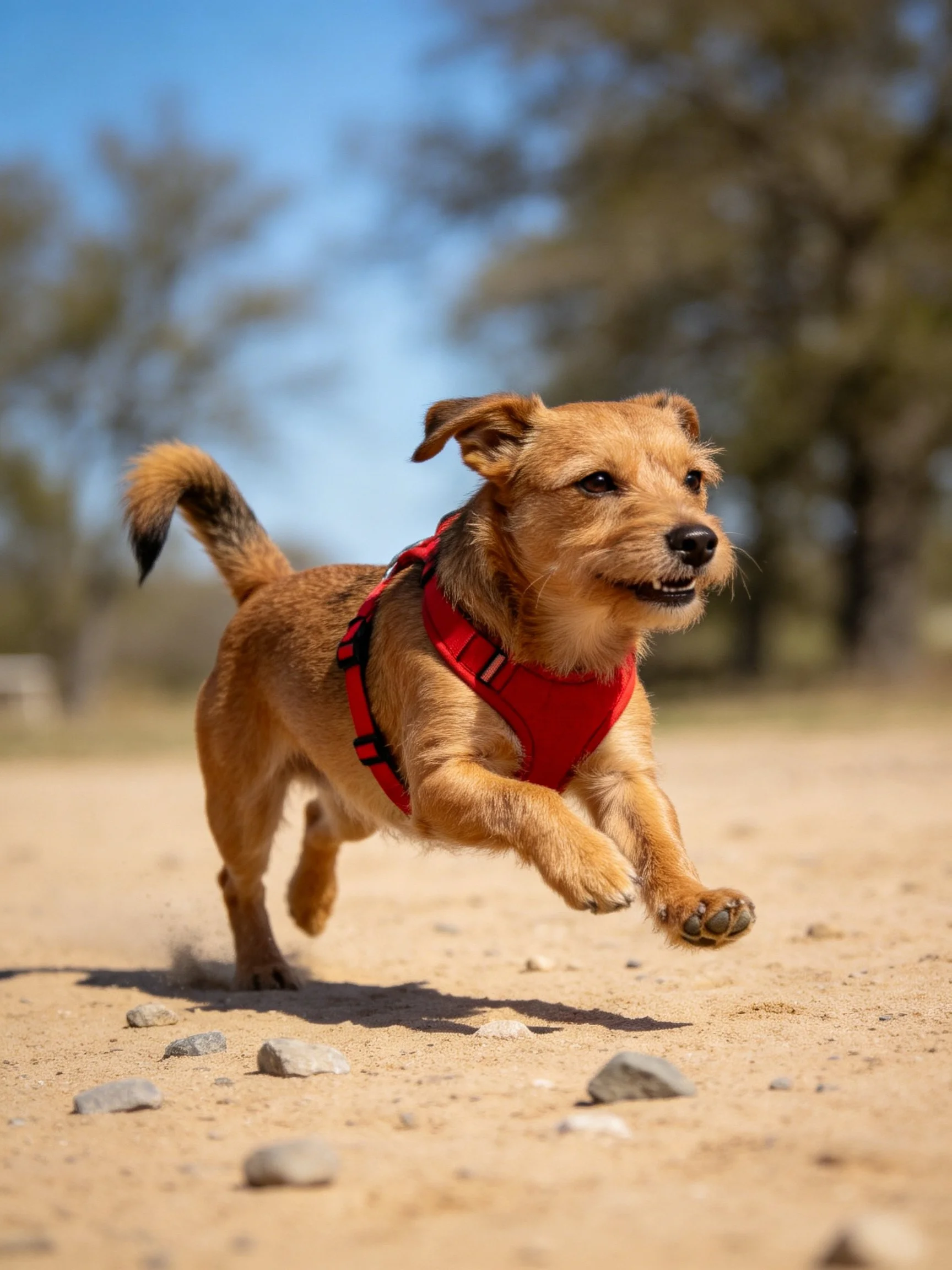 A brown dog with a red harness runs quickly along a sandy, rocky path.