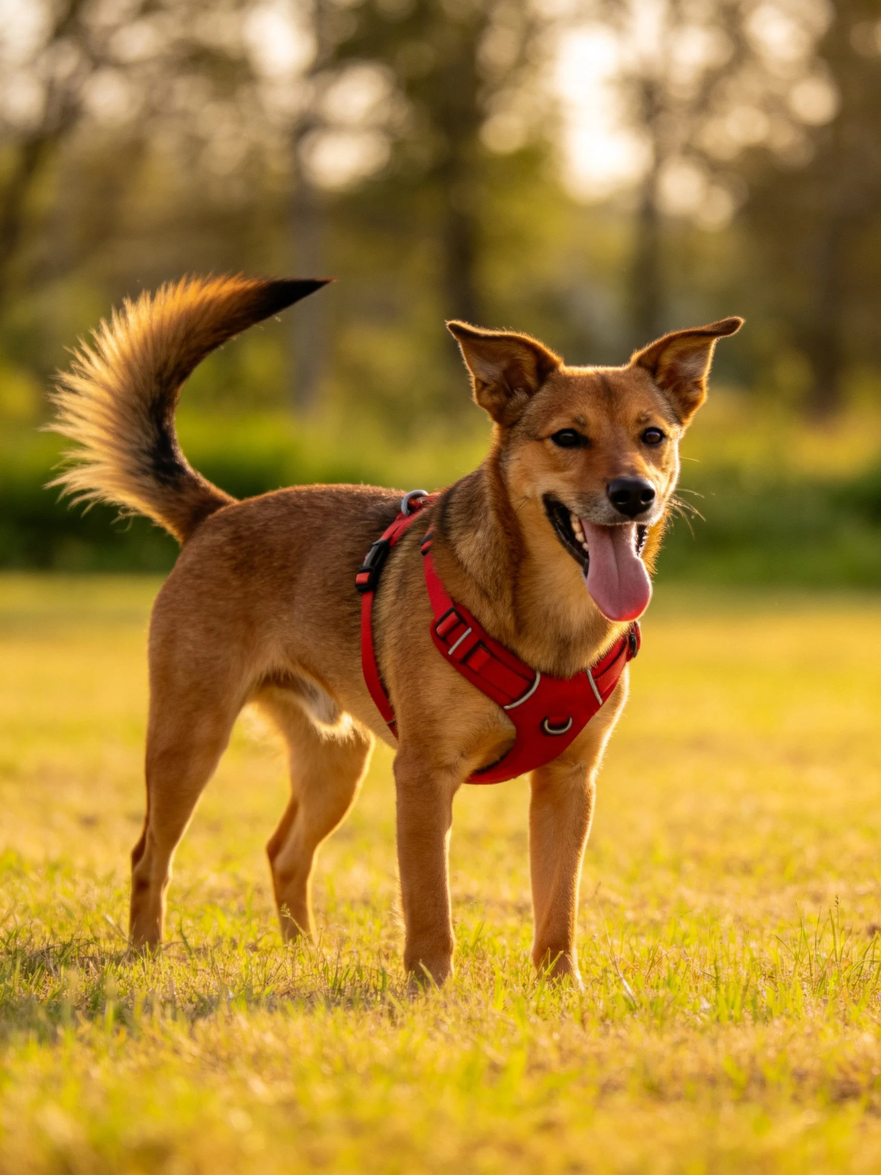 A brown dog in a red harness stands on golden grass