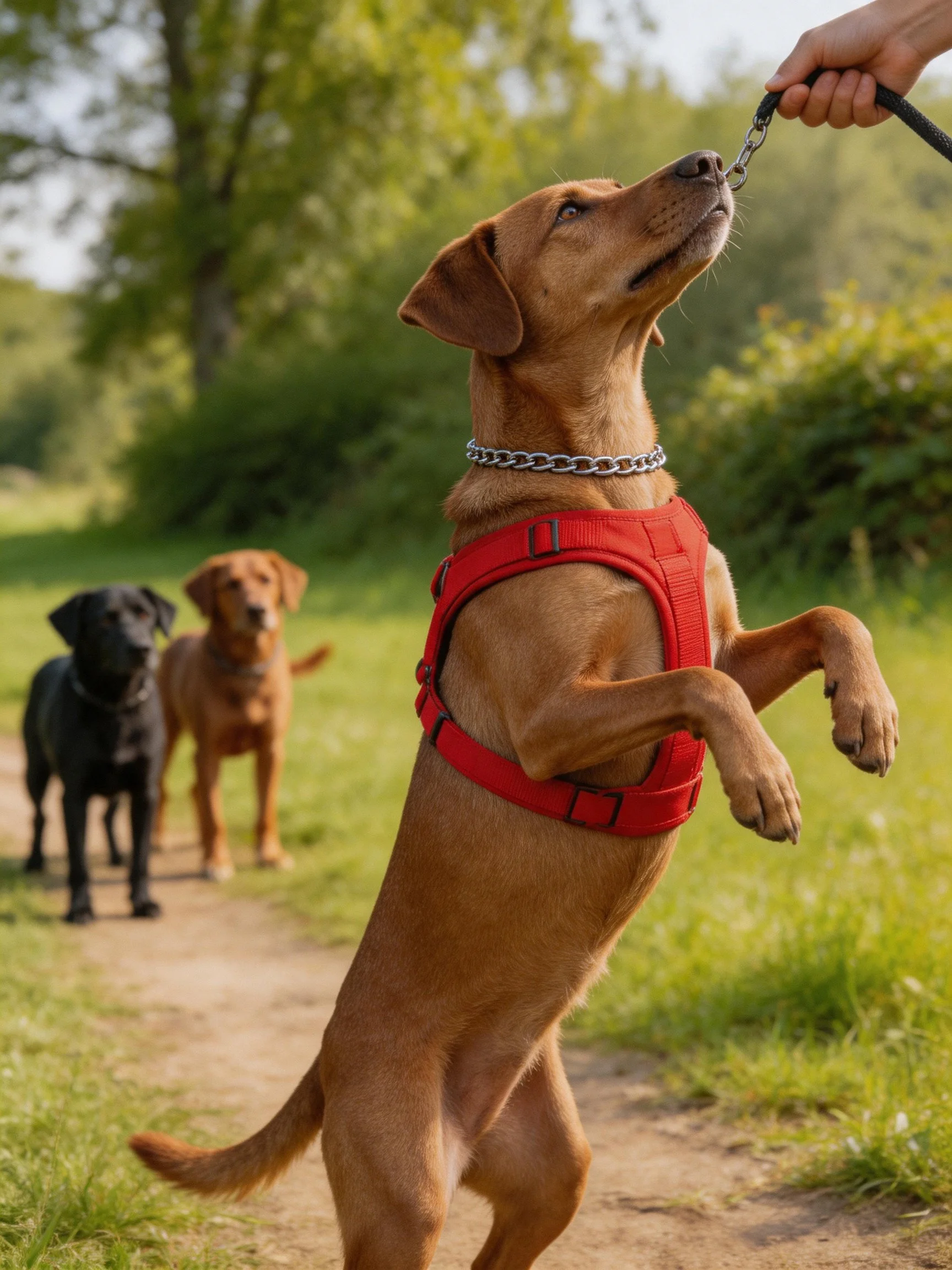 A brown dog in red harness jumps toward a leash with two other dogs nearby