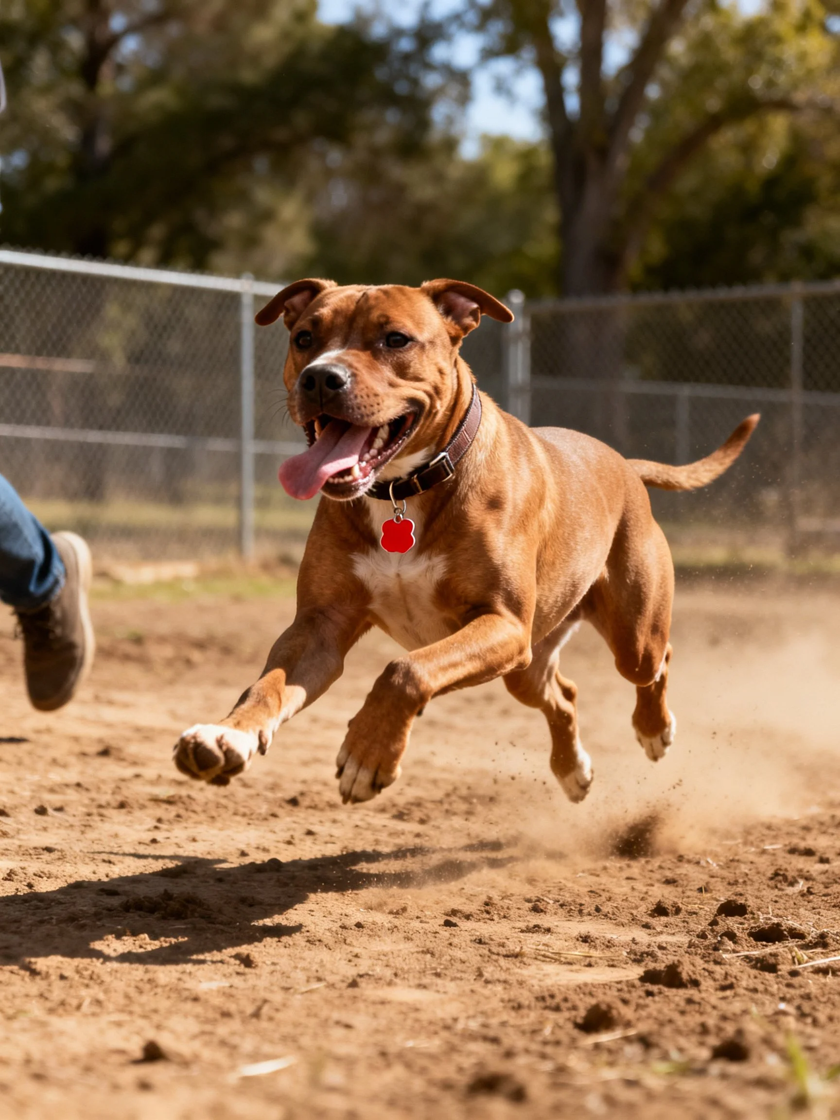 A brown dog joyfully running on dusty ground near a chain-link fence