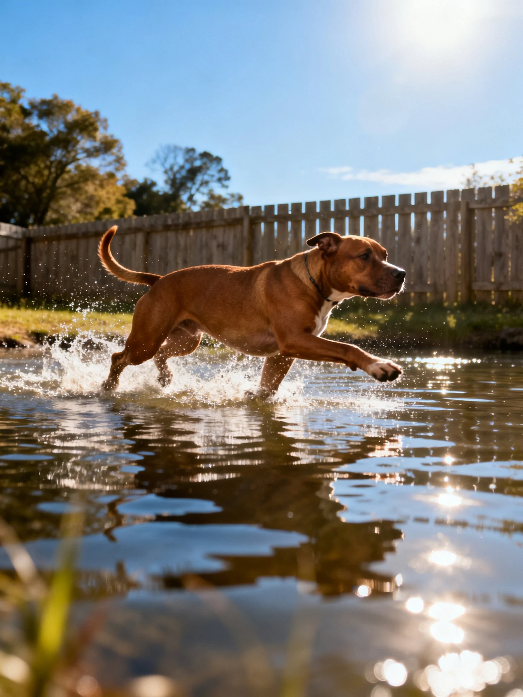 A brown dog leaping through shallow water near a wooden fence