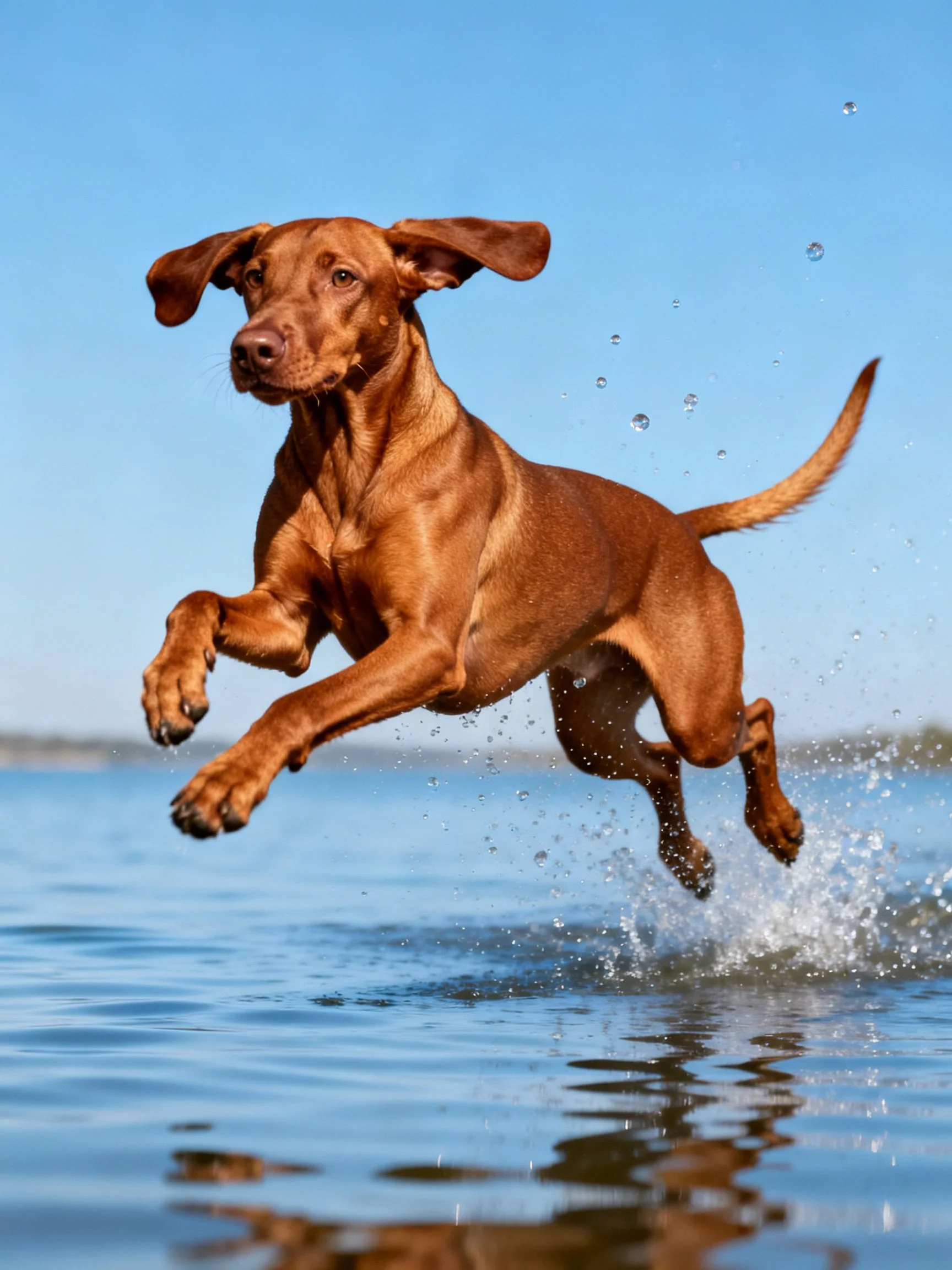 A brown dog jumps energetically over water with dynamic splashes.