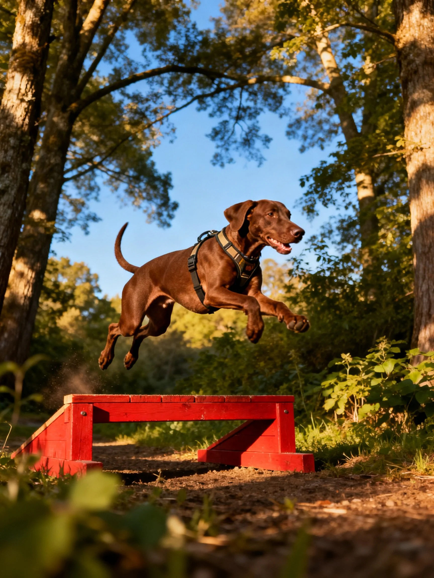 A brown dog jumps over a red obstacle in a forested area.