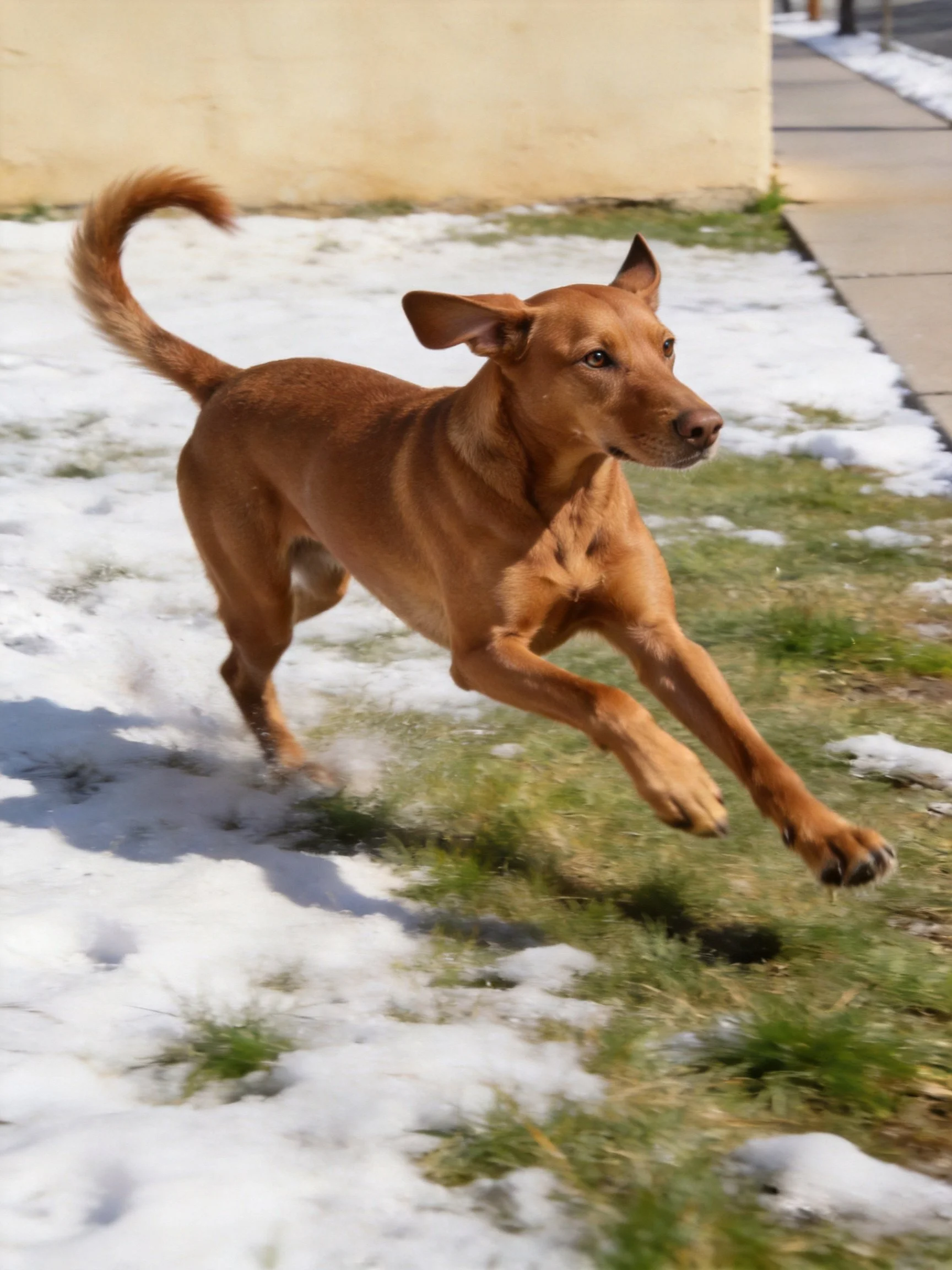 A brown dog runs energetically through a partially snowy yard.