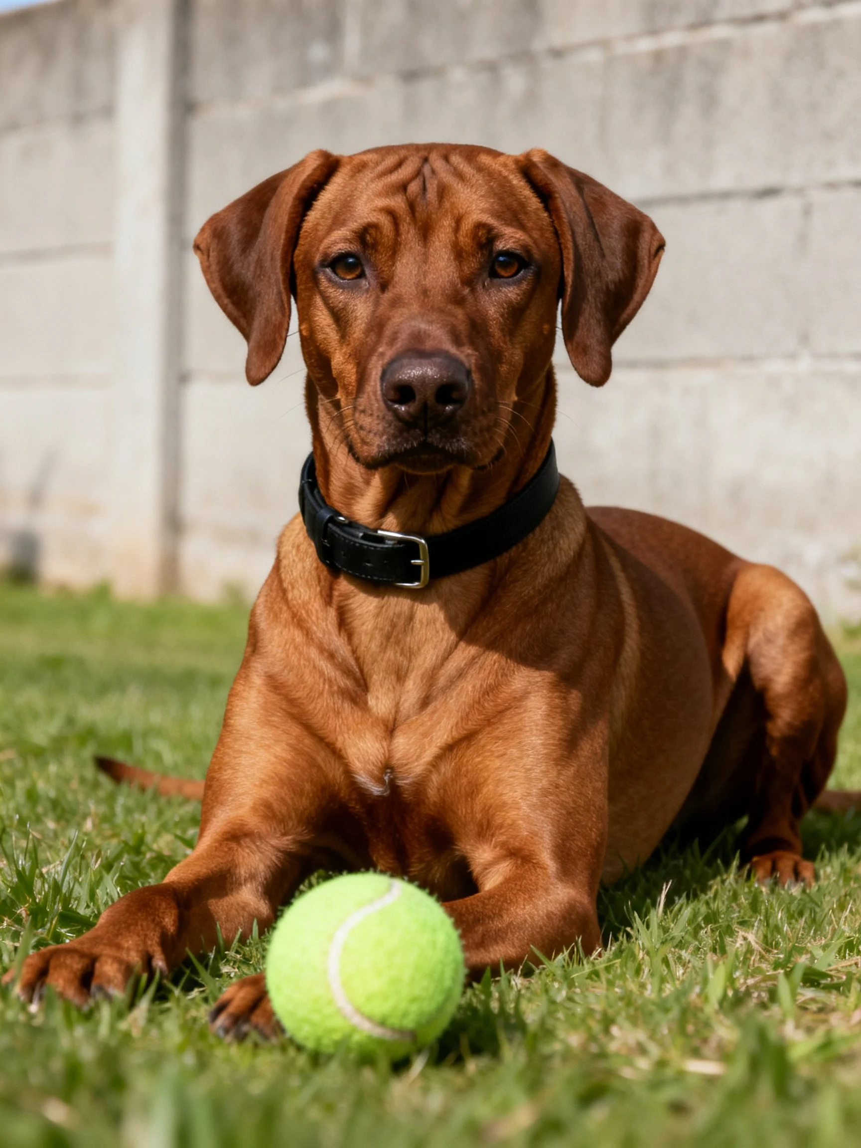 A brown dog relaxes on grass next to a tennis ball.