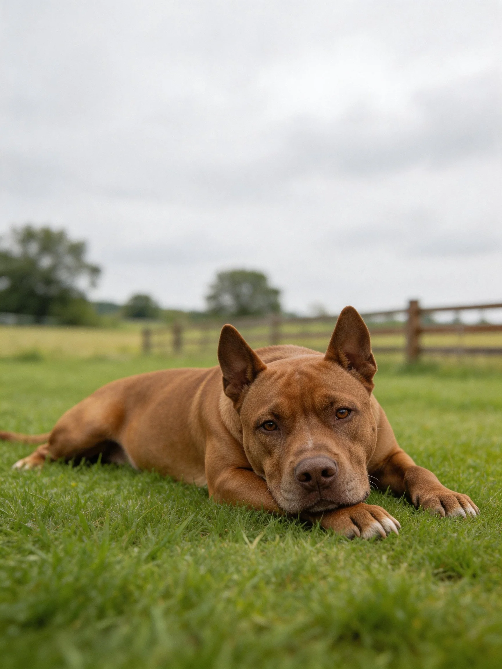 A brown dog relaxes on green grass in a rural setting with a wooden fence and trees.