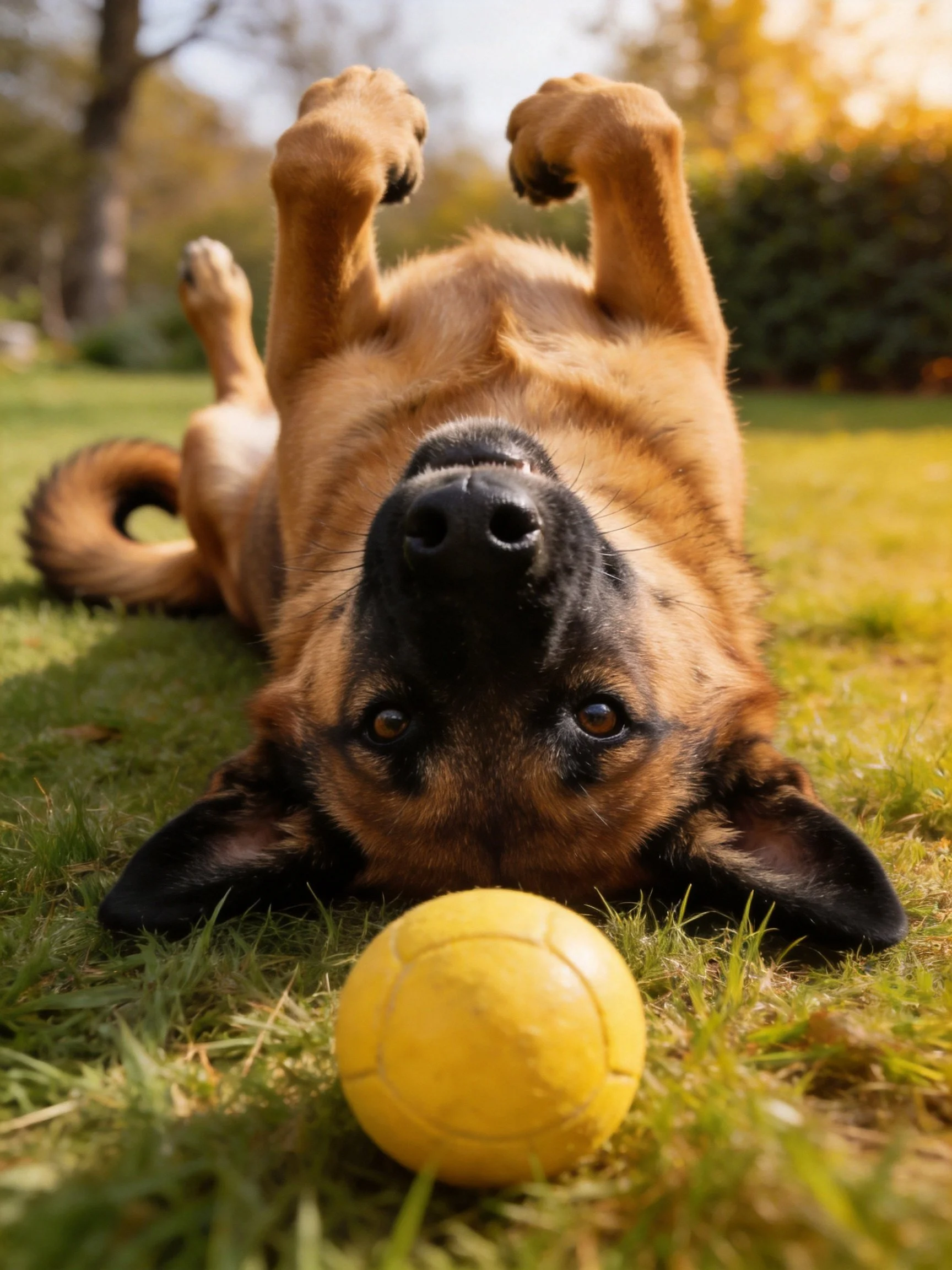 A brown dog relaxes upside down on grass next to a yellow ball.