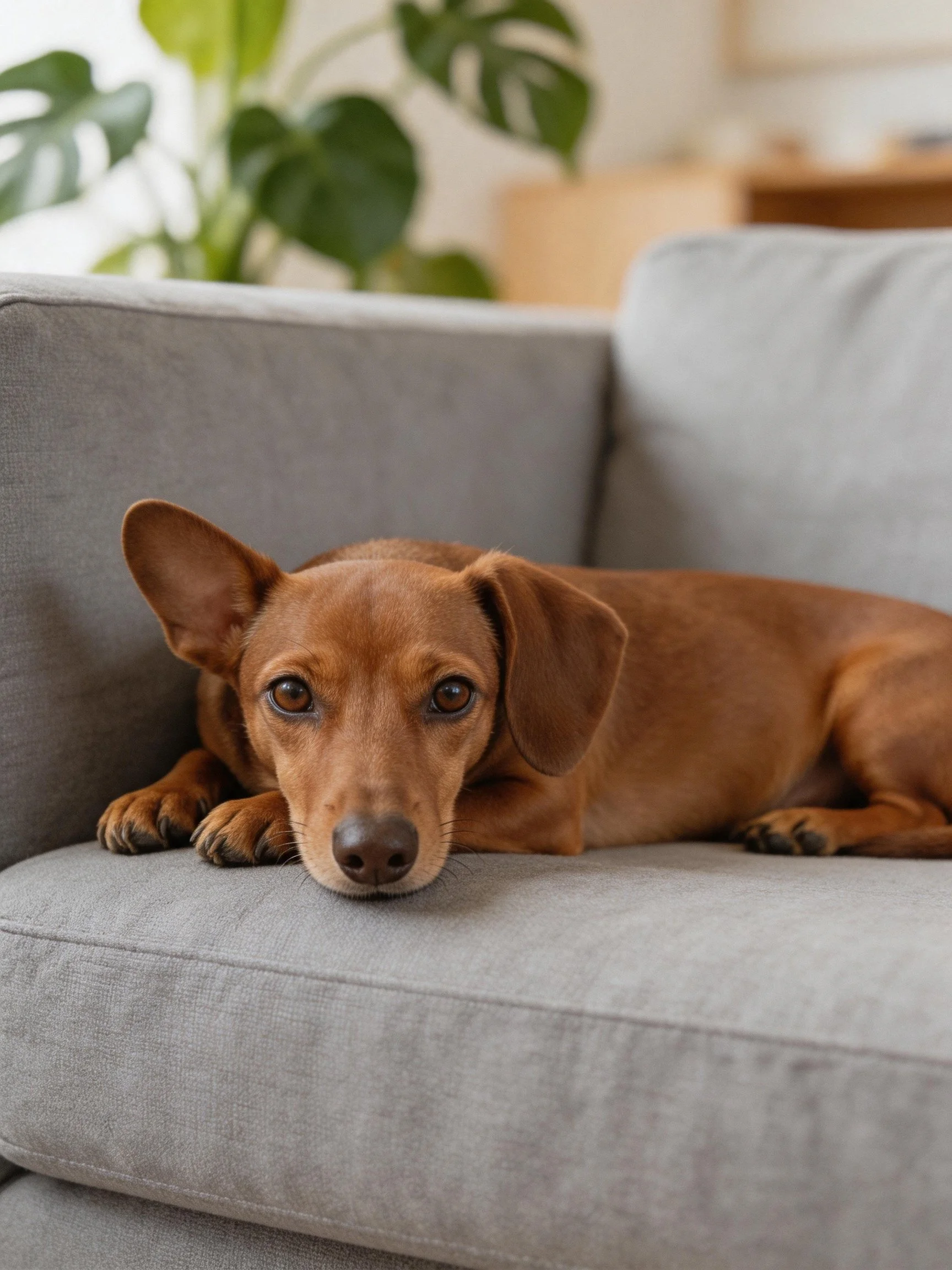 A brown dog lounges on a gray sofa with green plants nearby