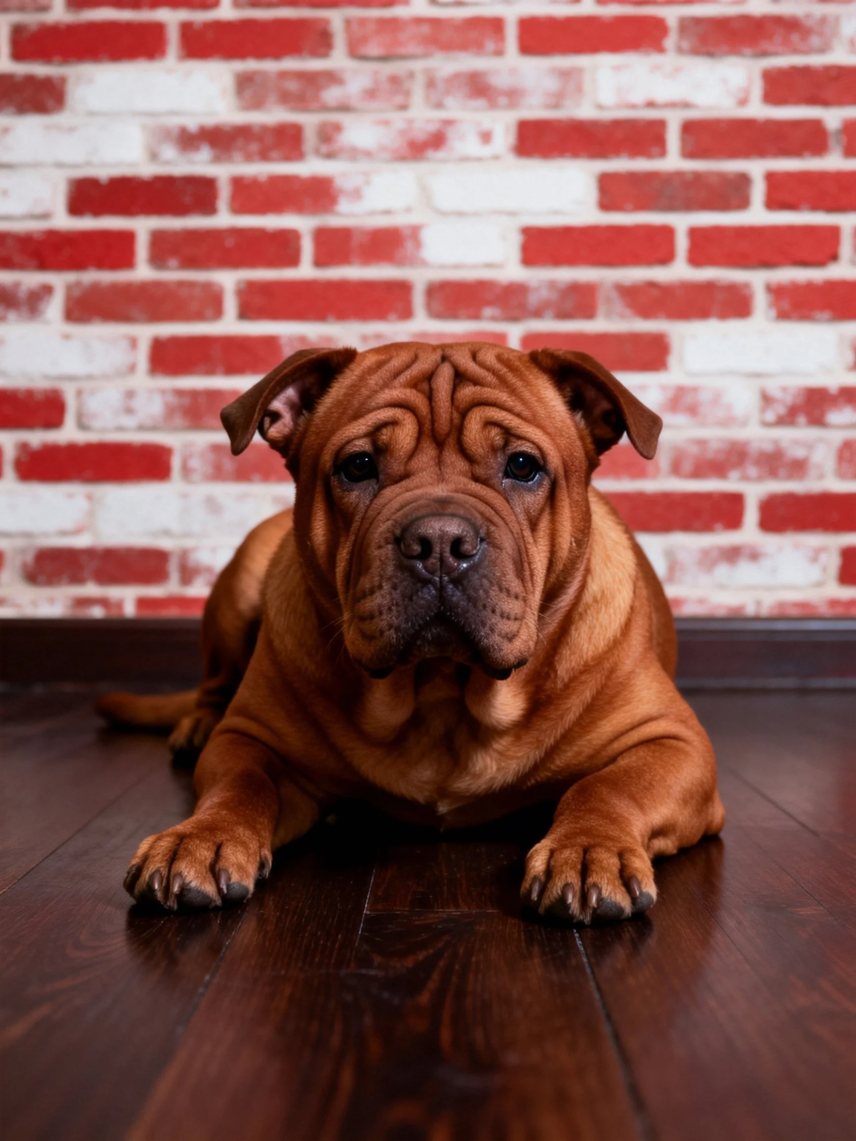 A brown dog lounges on dark wood flooring beside a red-brick wall